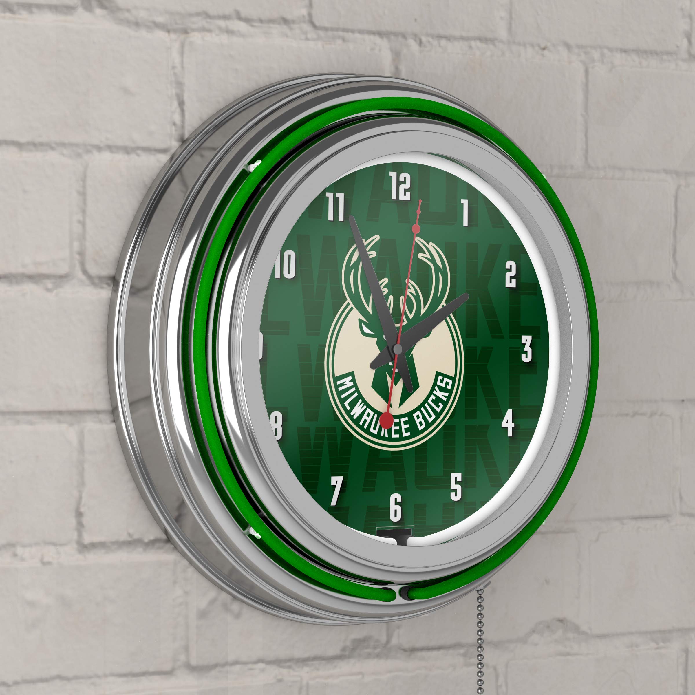 NBA Milwaukee Bucks Neon Wall Clock - Double Rung Chrome Design - Perfect for Game Room, Sports Bar & Man Cave Decor