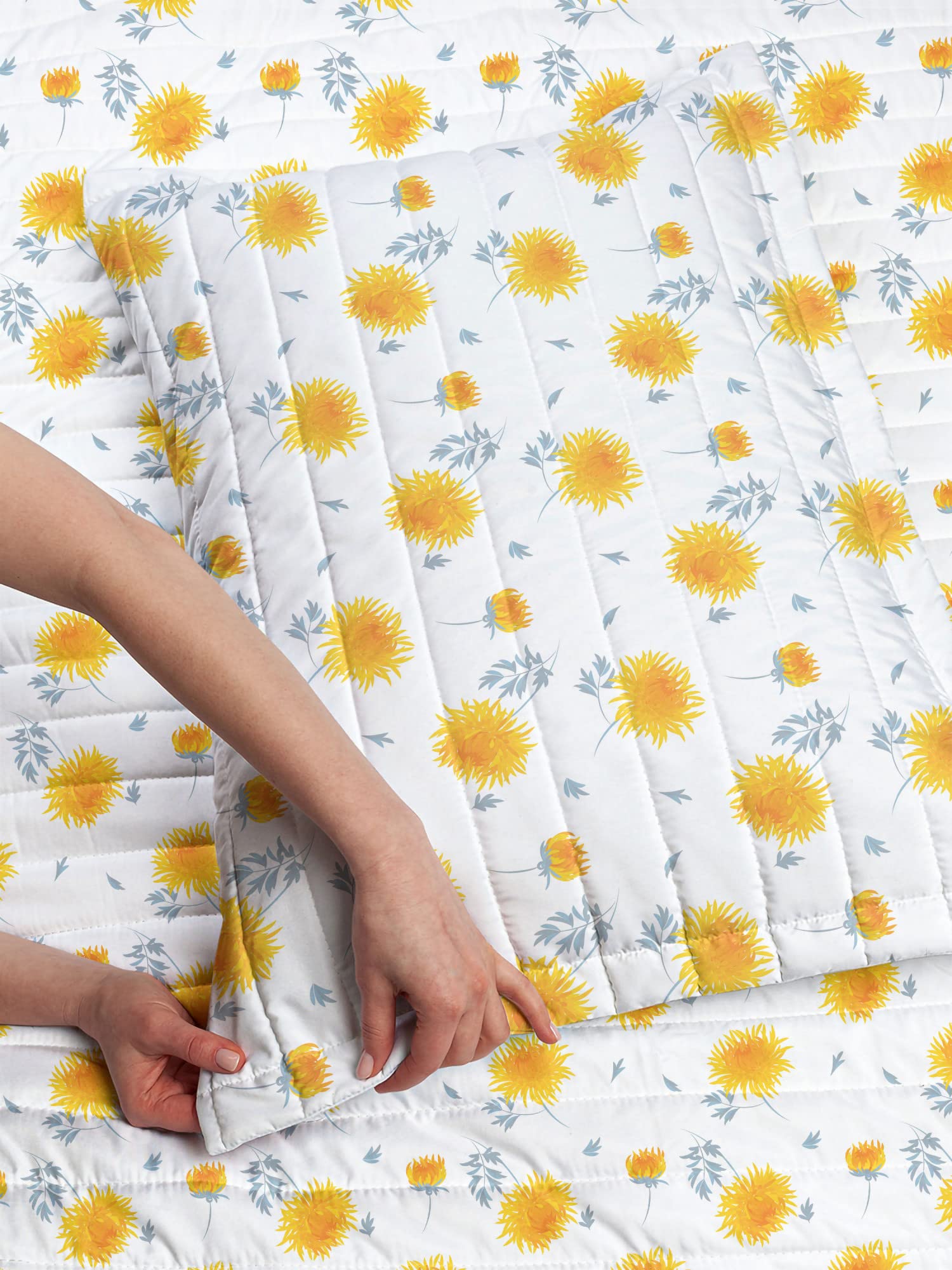 Ambesonne Reversible Twin Size Bedspread Set - Yellow Flower & Autumn Chrysanthemum Design with Fall Leaves, Microfiber Comforter & Pillow Shams in Pale Orange Blue Grey - Perfect for Seasonal Home Decor, Guest Room Bedding, and Nature-Inspired Bedroom Themes