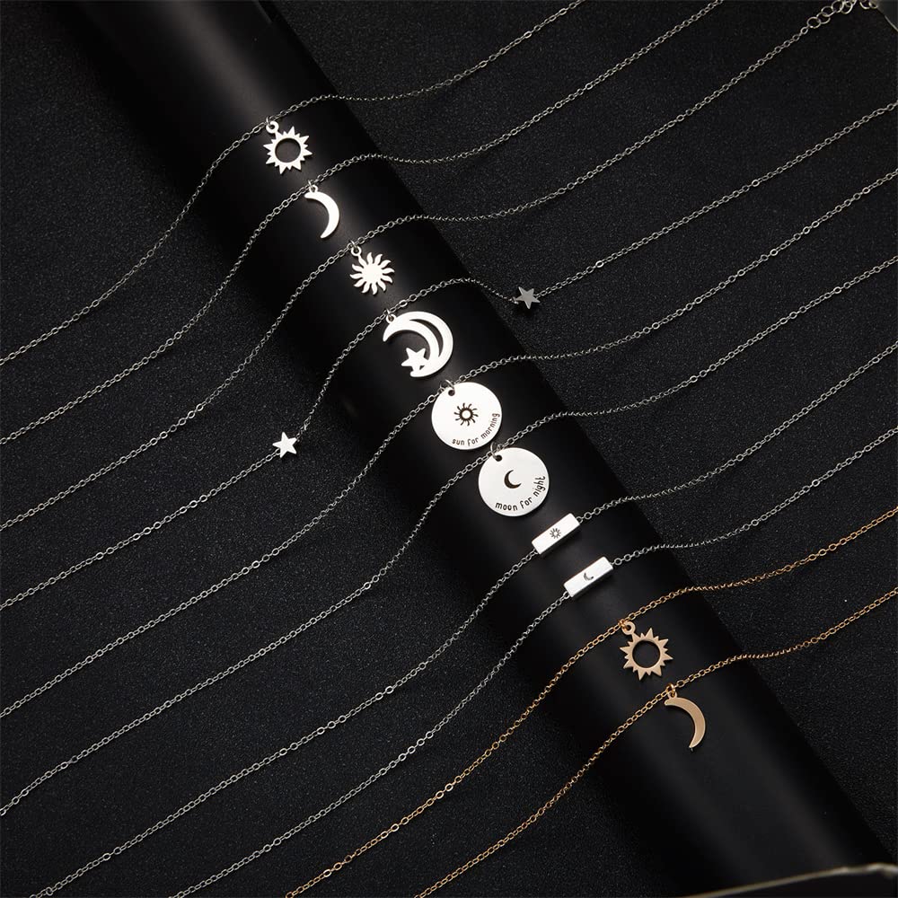 2 PCS Dainty Stacking Choker Necklace Set - Sun, Moon & Star Adjustable Thin Chain Pendant Necklace for Women & Men - Friendship, Couple & Sister Jewelry - Perfect for Christmas, Valentine's Day Gifts & Everyday Wear (18