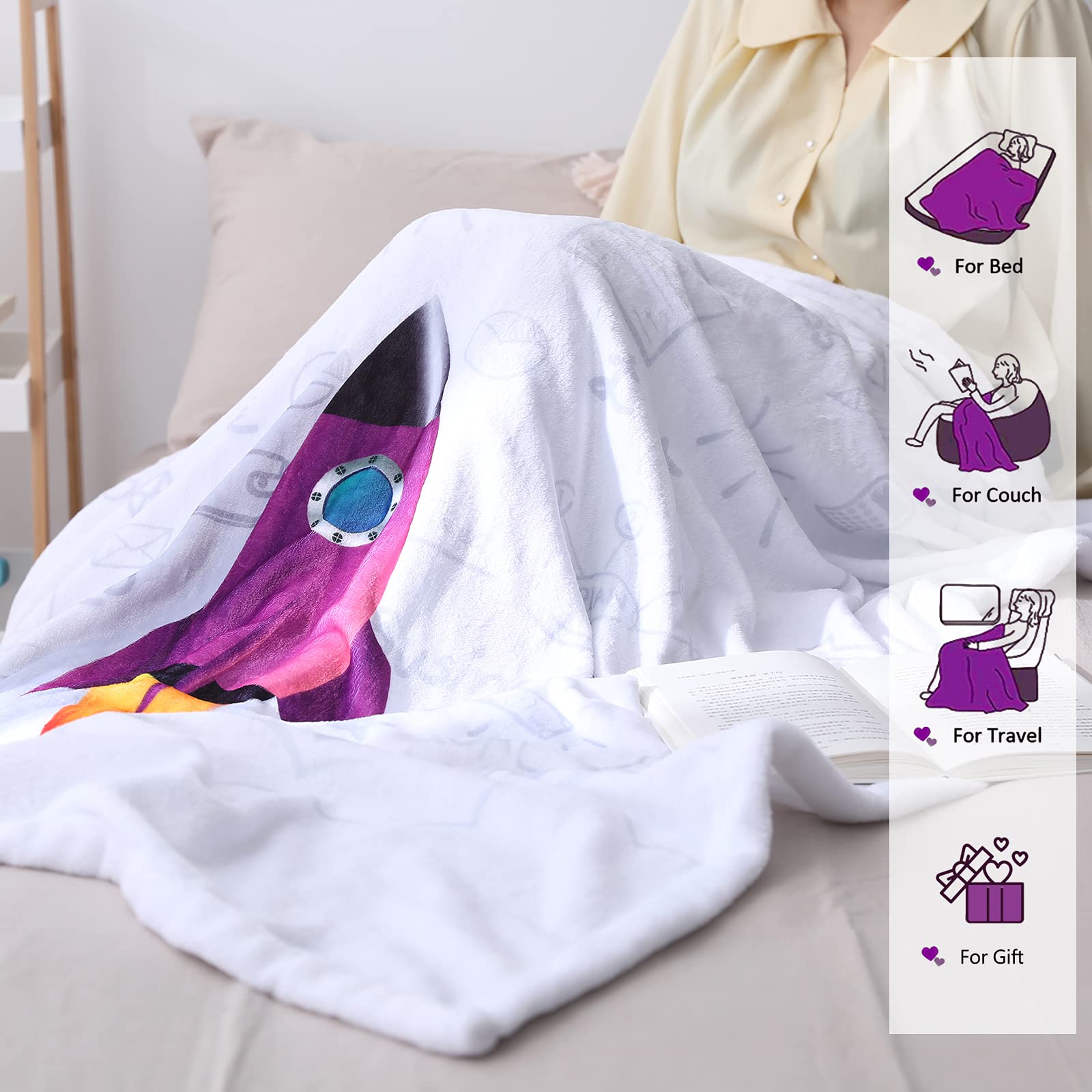 3D White Space Rocket Throw Blanket - Soft & Cozy Planet Spaceship Blanket for Kids & Toddlers - Perfect for Boys' Room Decor, Stargazing & Bedtime - 50