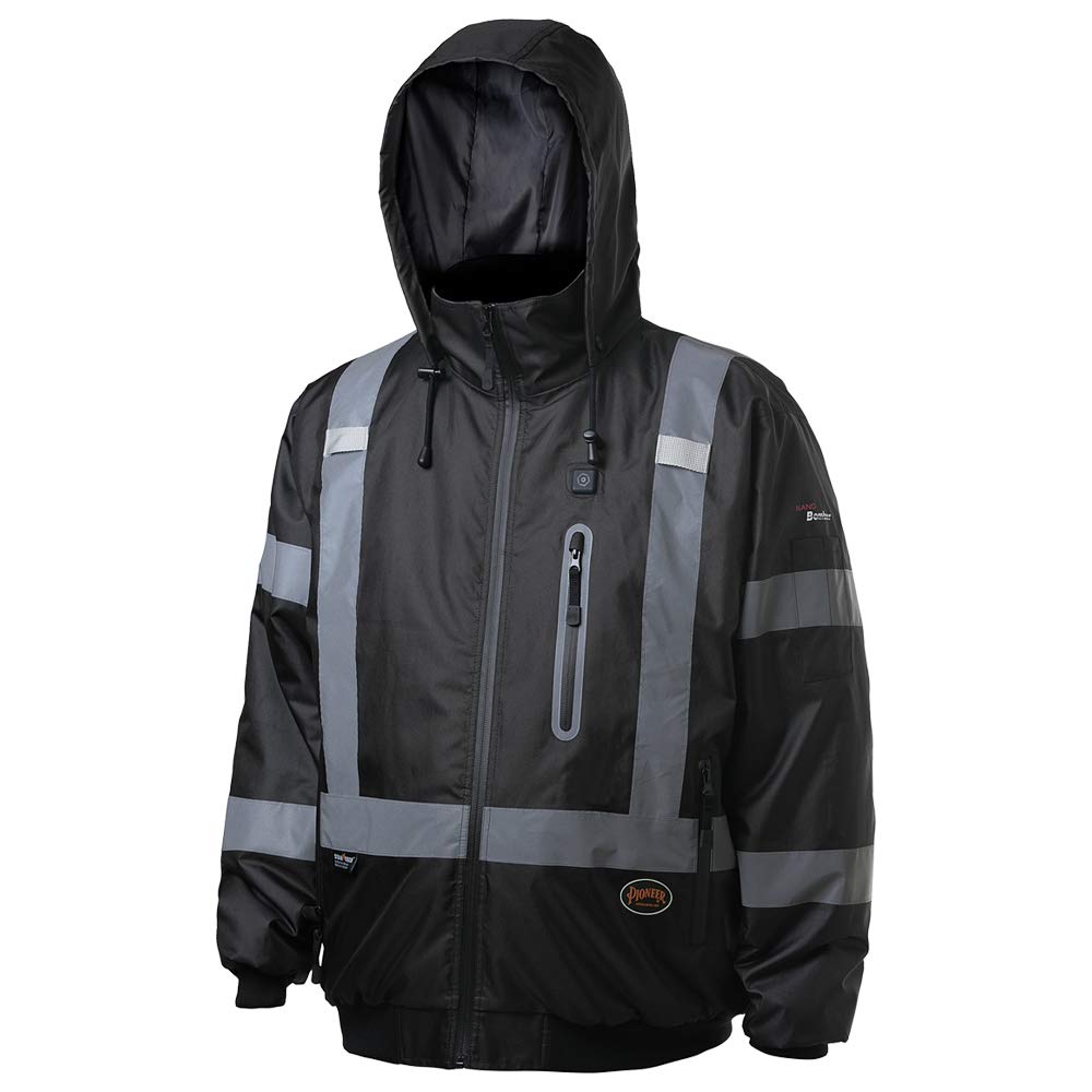 Pioneer Hi-Vis Waterproof Heated Safety Bomber Jacket for Men - Class 1 Winter Rain Gear with Reflective Tape & Detachable Hood - Ideal for Construction, Road Work & Outdoor Winter Activities