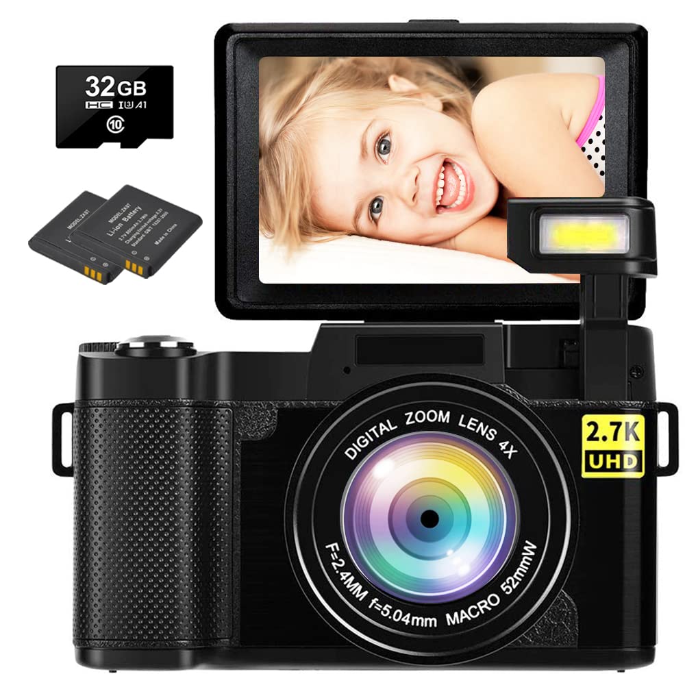2.7K 30MP Digital Camera with Flip Screen & Flash - Full HD Vlogging Camera for YouTube, 3 Inch LCD, 2 Batteries Included (Black) - Perfect for Travel, Blogging & Content Creation