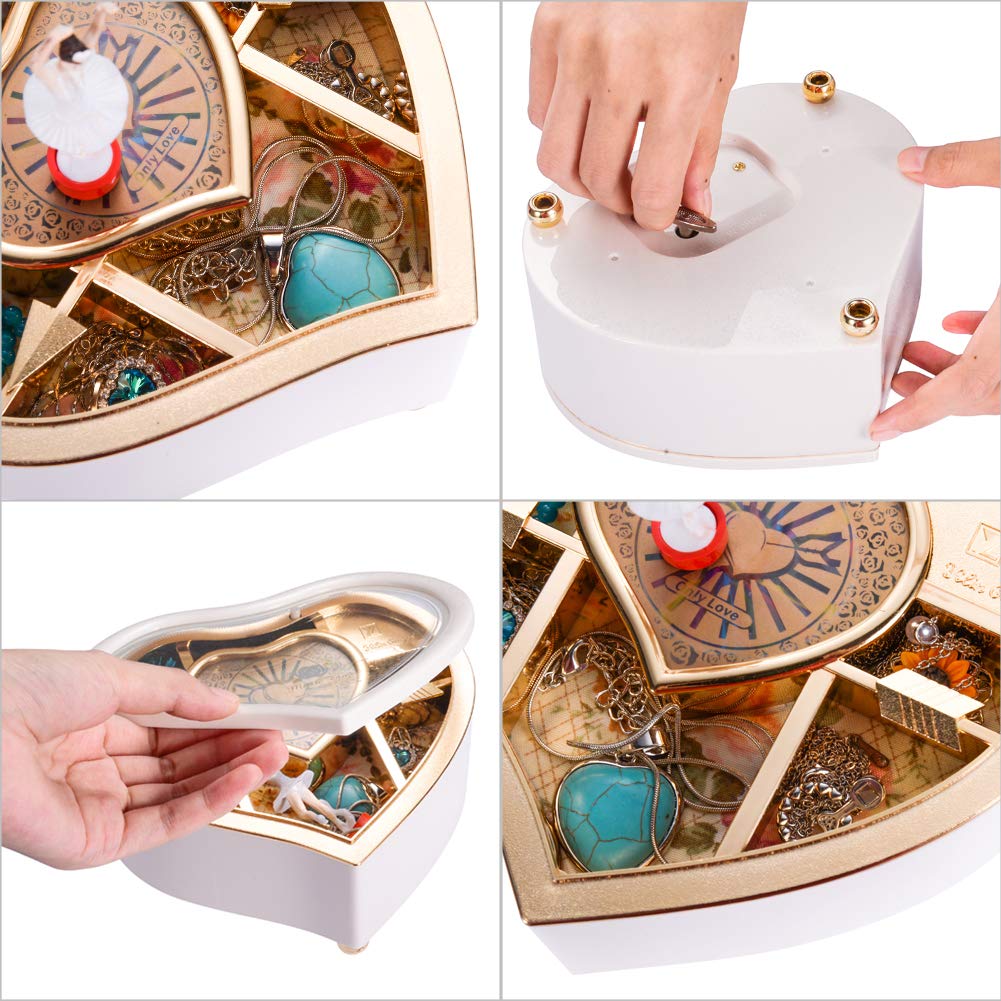 Rainbow Heart Musical Jewelry Box with Dancing Ballerina - White Jewelry Storage Box with Mirror, Arrow Design - Perfect Christmas Gift for Her, Birthday Present, Girls Room Decor