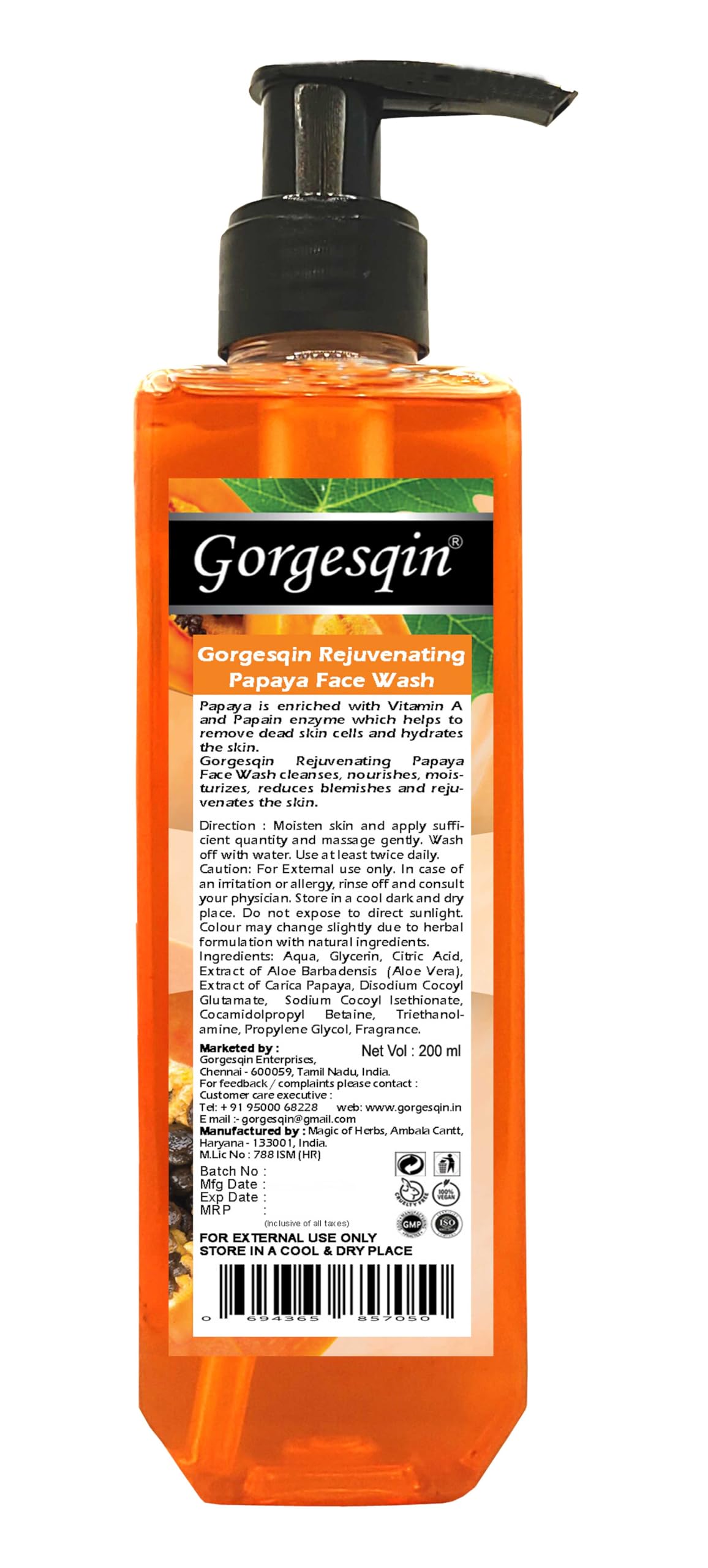 GORGESQIN Rejuvenating Papaya Face Wash for Moisturizing Skin - 200ml | Gentle Cleanser for Dry & Sensitive Skin, Daily Use for a Radiant Glow