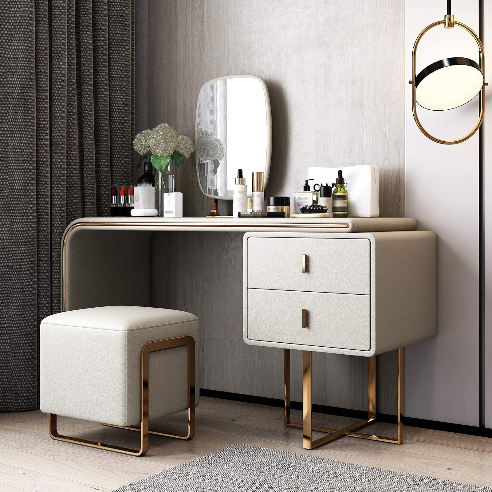 FUKAYI Vanity Makeup Table Set with Mirror & Stool - Golden Beige Dresser for Bedroom