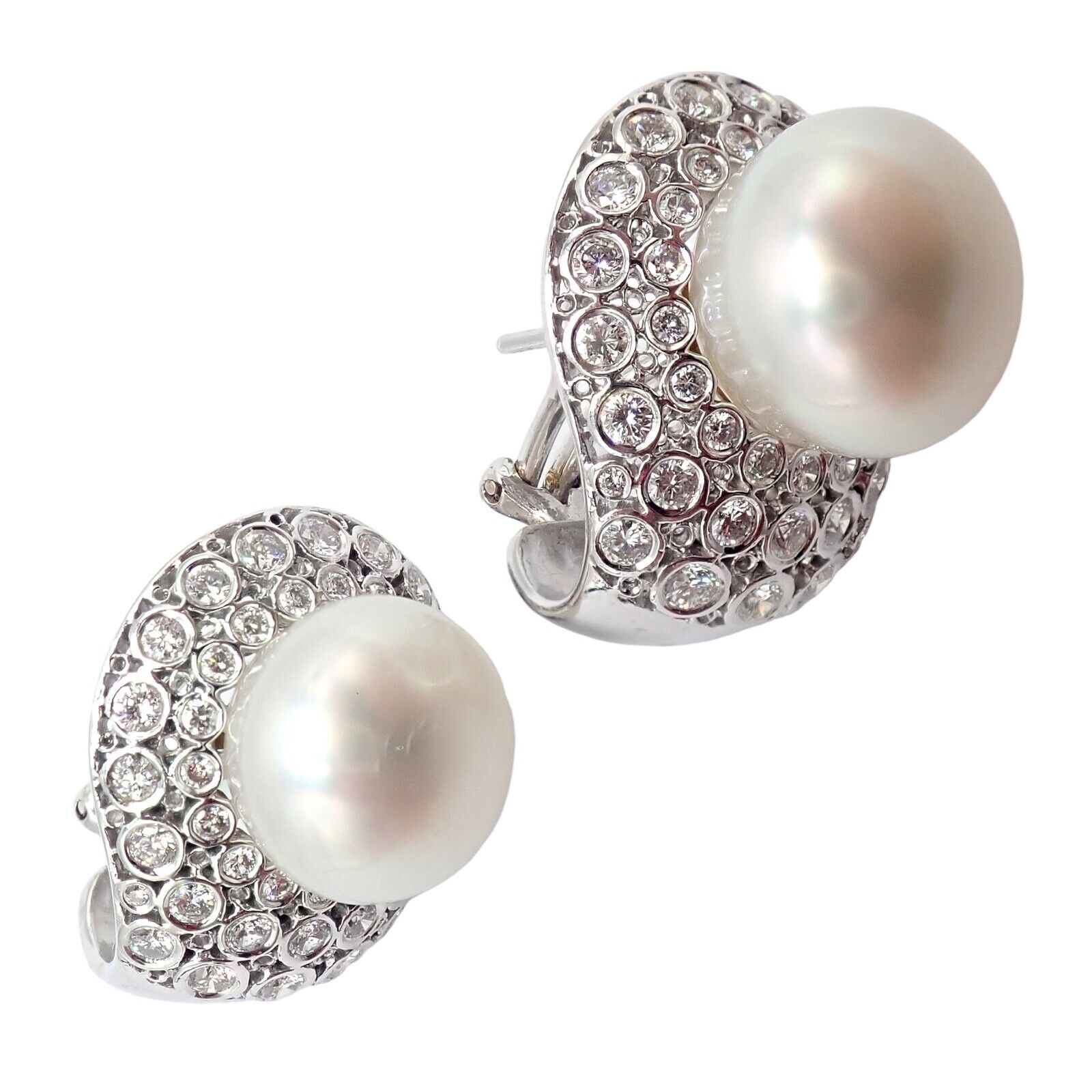 Vintage 18K White Gold Diamond & 13mm Pearl Earrings for Women - Elegant Pearl Jewelry for Weddings, Parties & Special Occasions