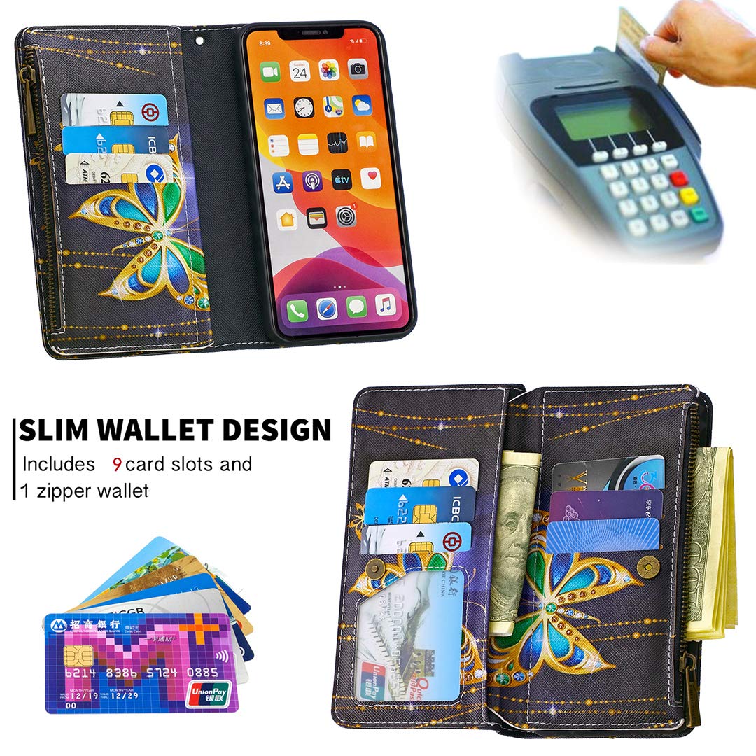 Leather Wallet Case for iPhone 11 with Card Slots, Magnetic Closure & Stand Function - Butterfly Design III | Perfect for Everyday Use, Travel & Hands-Free Viewing