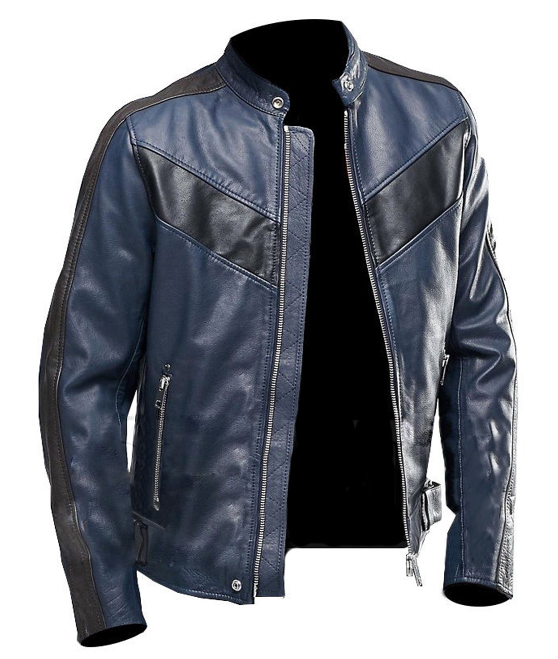 Men's Navy Blue Leather Jacket - Cafe Racer Motorcycle Biker Jacket | Premium Dezel Leather | Perfect for Riding, Casual Wear & Night Out