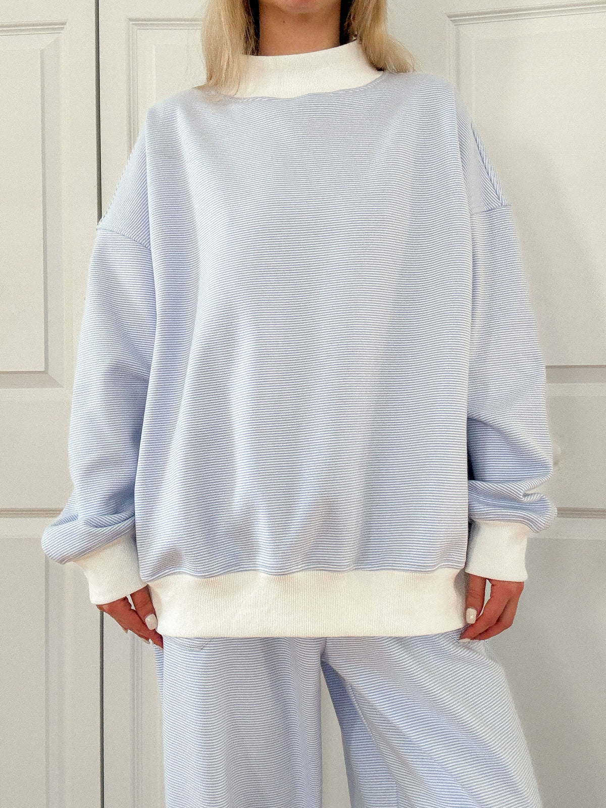 Cynthia Mini Striped Mock Neck Sweatshirt - Blue and White Pullover for Women | Casual Fall & Winter Fashion | Perfect for Layering, Coffee Dates & Weekend Outings