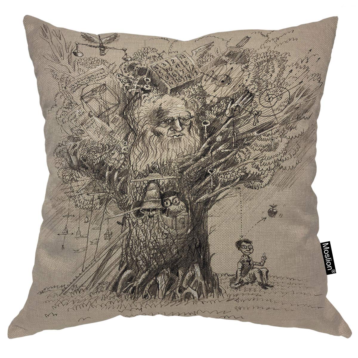 Vintage Tree of Knowledge Pencil Drawing Physics Science Art Throw Pillow Cover - 16x16 Inch Cotton Linen Square Cushion Case for Home Decor, Living Room, Bedroom & Car Accessories