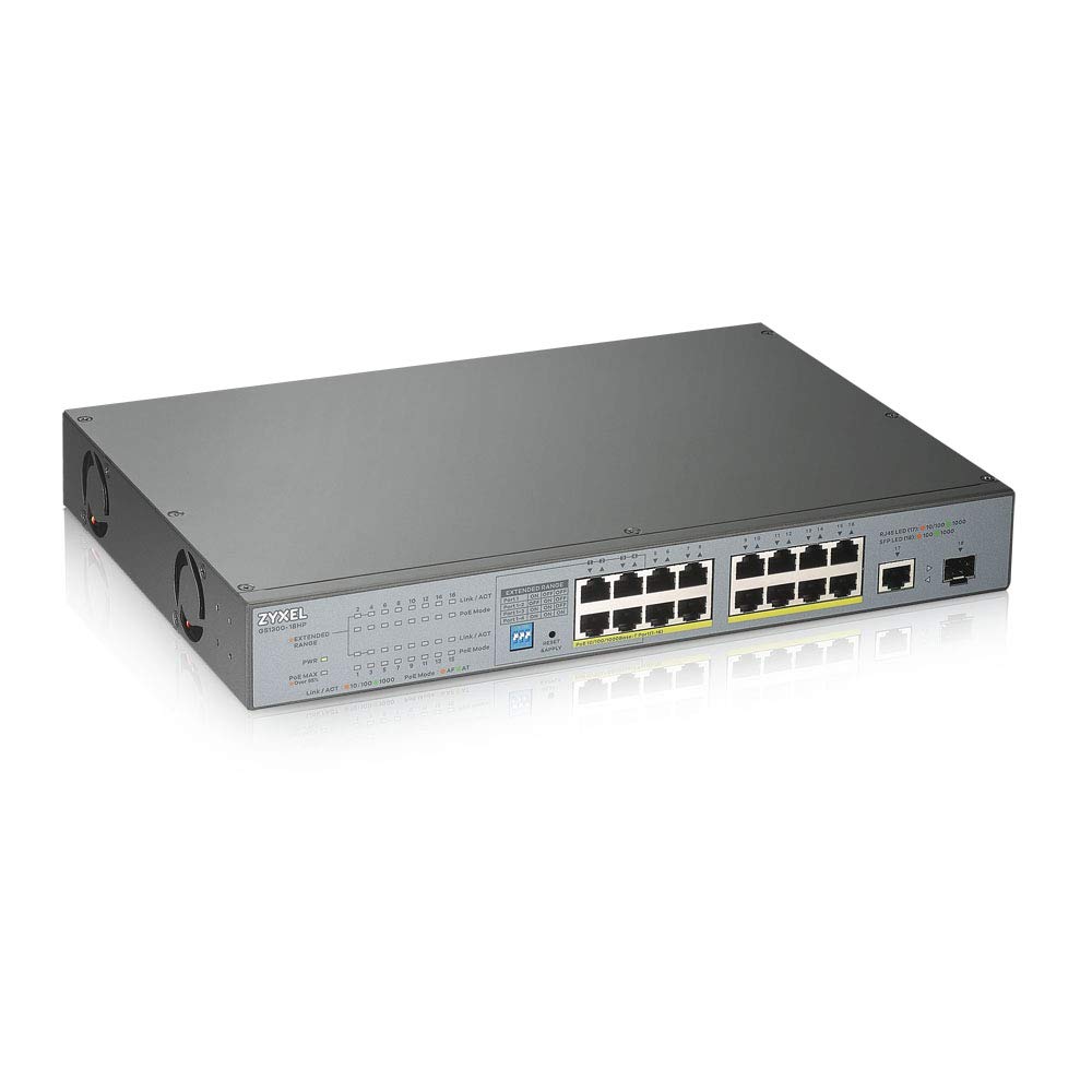 Zyxel GS1300-18HP 16-Port Gigabit Unmanaged PoE+ Switch | 170W Power Budget | 1G Copper + SFP Port | Long Range PoE for IP Cameras, VoIP Phones & Wireless Access Points | Ideal for Office & Home Network Setup