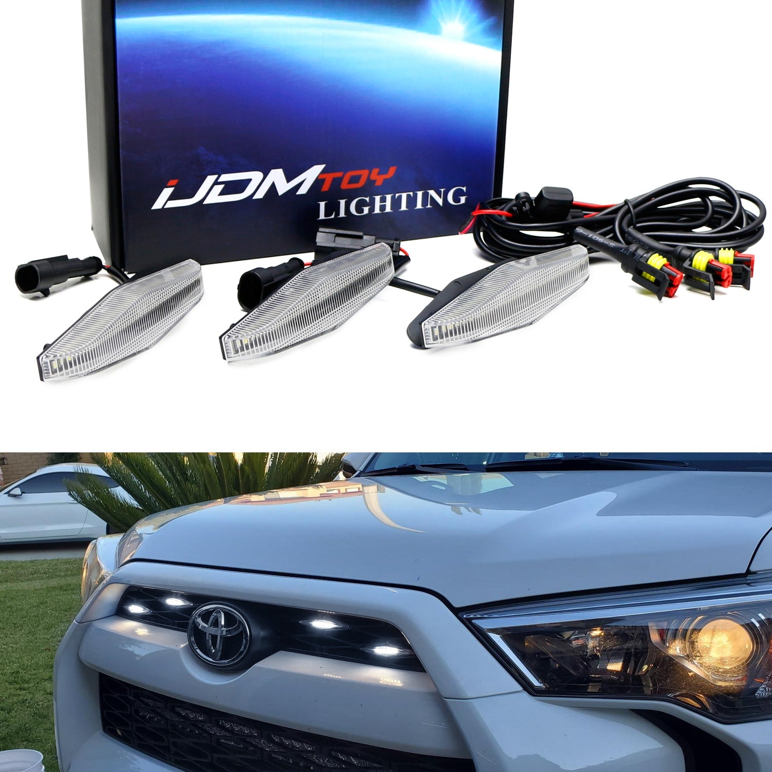 3pc Set Clear Lens White LED Front Grille Lighting Kit for 2014+ Toyota 4Runner - Off-Road Lighting Upgrade for Night Driving & Custom Car Styling