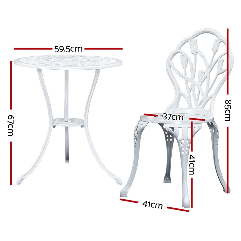 3-Piece Outdoor Bistro Set - White Tulip Cast Aluminum Patio Table and Chairs for Garden, Balcony & Backyard Dining | Weather-Resistant Patio Furniture