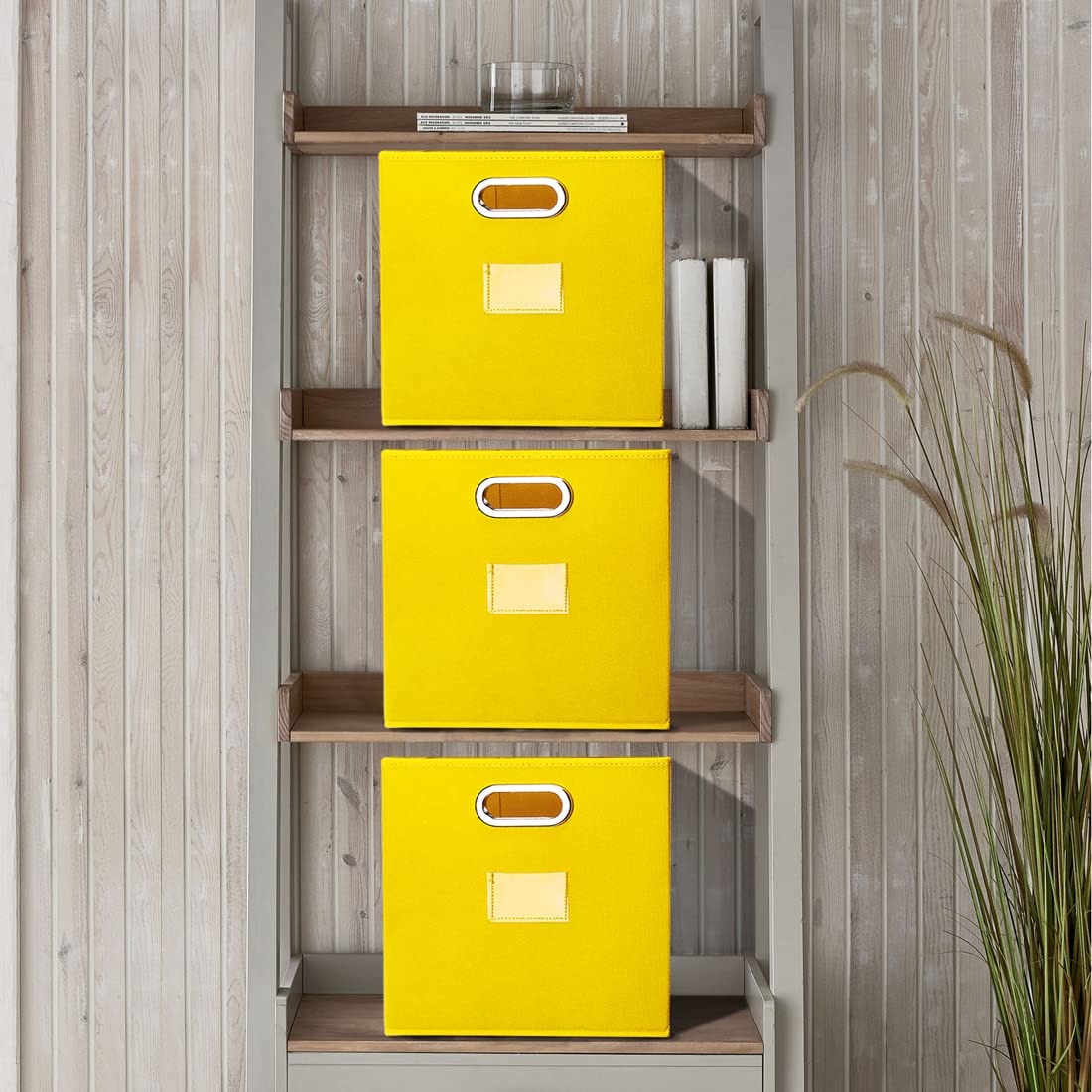 Robuy 13 Inch Cube Storage Bins - 4-Pack Yellow Plastic Organizing Boxes with Dual Metal Handles for Shelves, Closet, Nursery & Home Organization - Perfect for Toy Storage, Kids Room & Office Supplies
