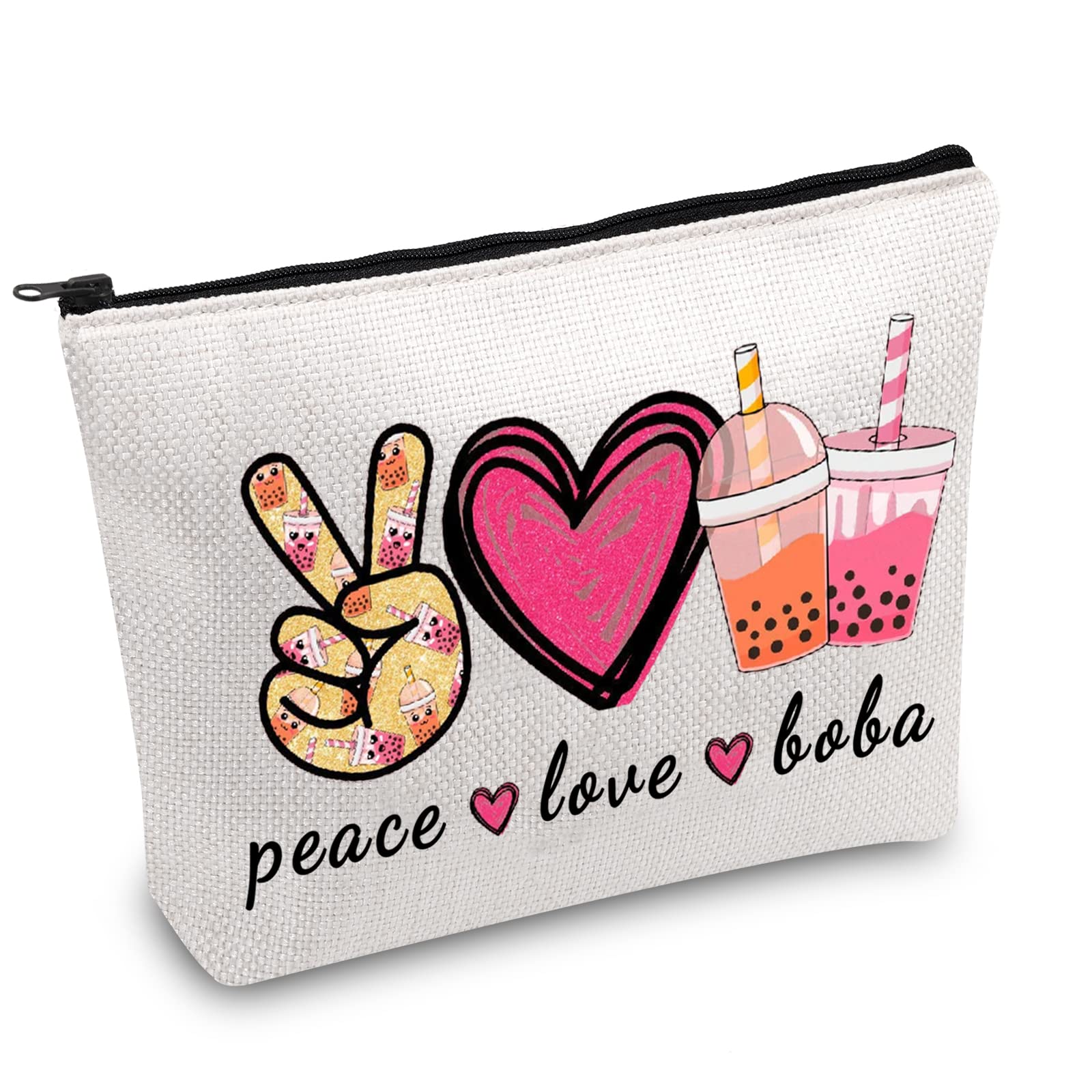 JXGZSO Peace Love Boba Cosmetic Bag - Cute Makeup Pouch with Zipper for Boba Tea Lovers - Perfect for Travel, School & Gift Giving