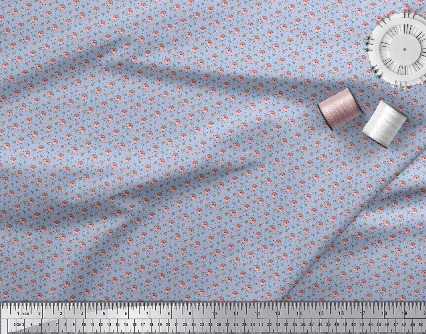 Soimoi Poly Georgette Blue Fabric by The Yard - 52 Inch Wide Printed Fabric with Romantic Dot, Leaves & Rose Patterns - Perfect for Dresses, Scarves, Curtains & DIY Craft Projects