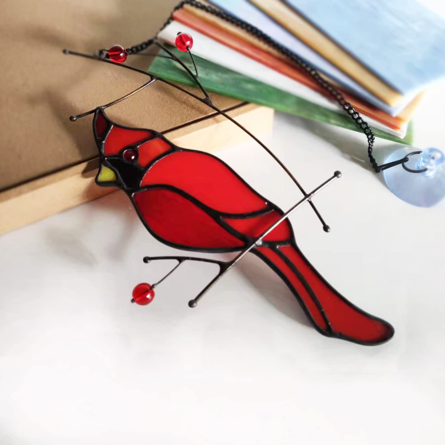 Stained Glass Cardinal Bird Sun Catcher - Handmade Window Hanging Decor for Home, Gift for Mom, Women & Bird Lovers (Red) - Perfect for Living Room Windows, Bedroom Decor & Garden Ornaments