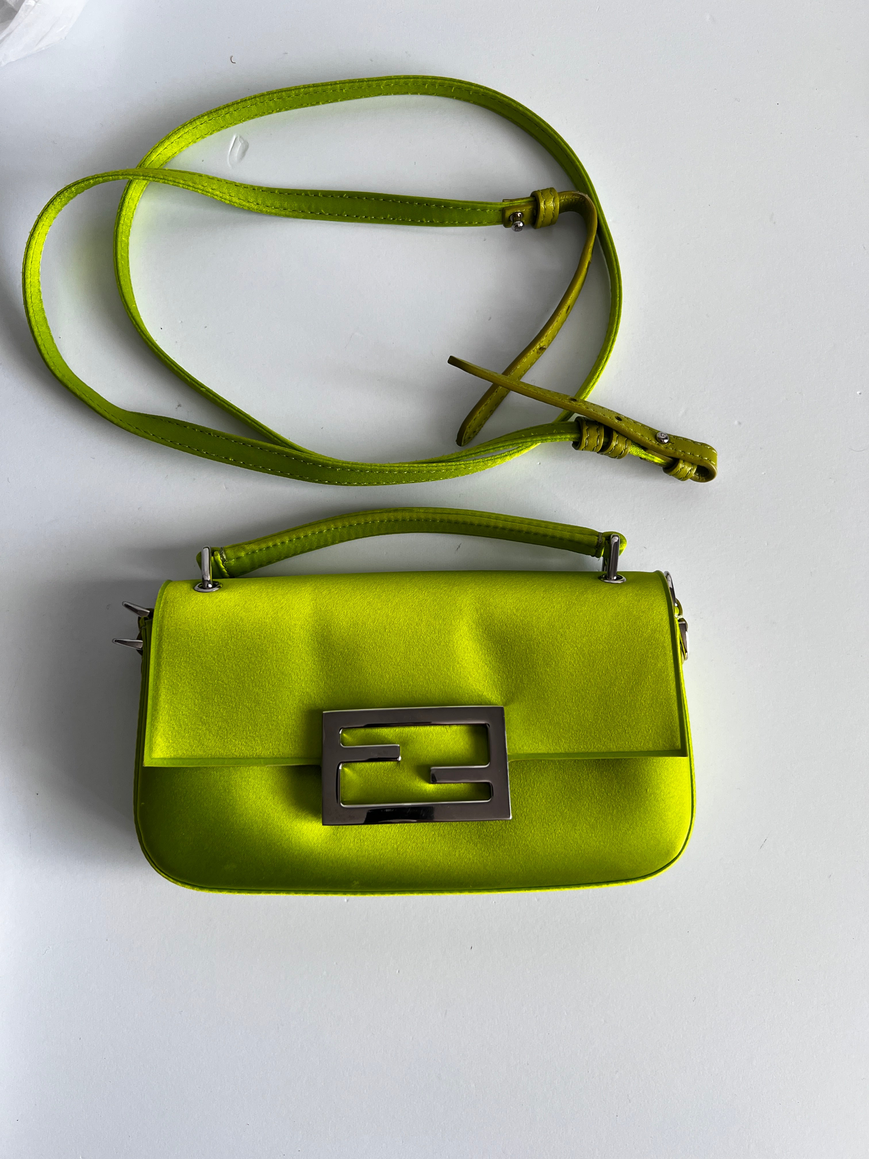 Fendi Neon Green Satin Shoulder Bag for Women | Luxury Designer Handbag for Evening Parties, Weddings & Special Occasions