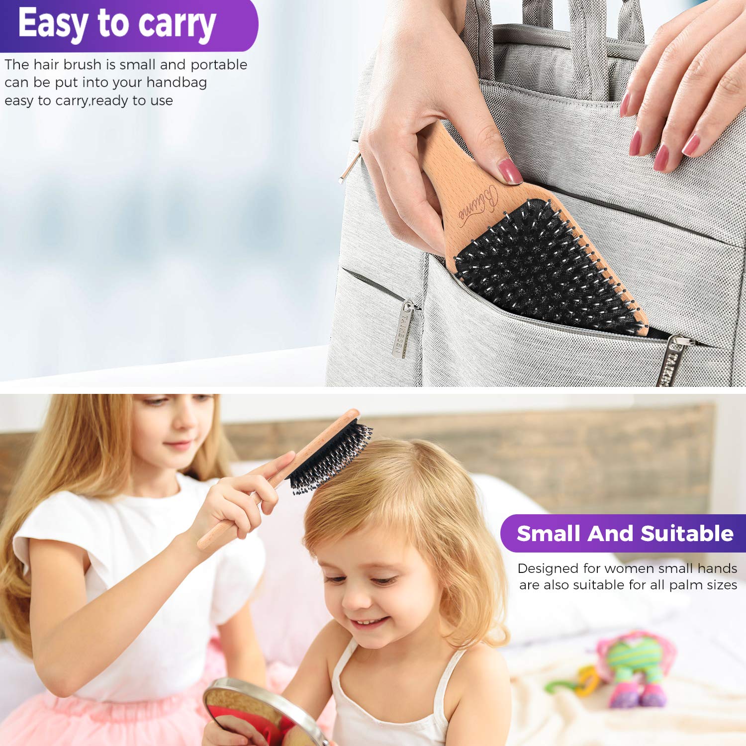 Boar Bristle Hair Brush for Women & Kids - Best Paddle Detangling Brush for Curly & Smooth Hair - Adds Shine & Reduces Frizz - Perfect for Daily Styling, Salon Use & Travel