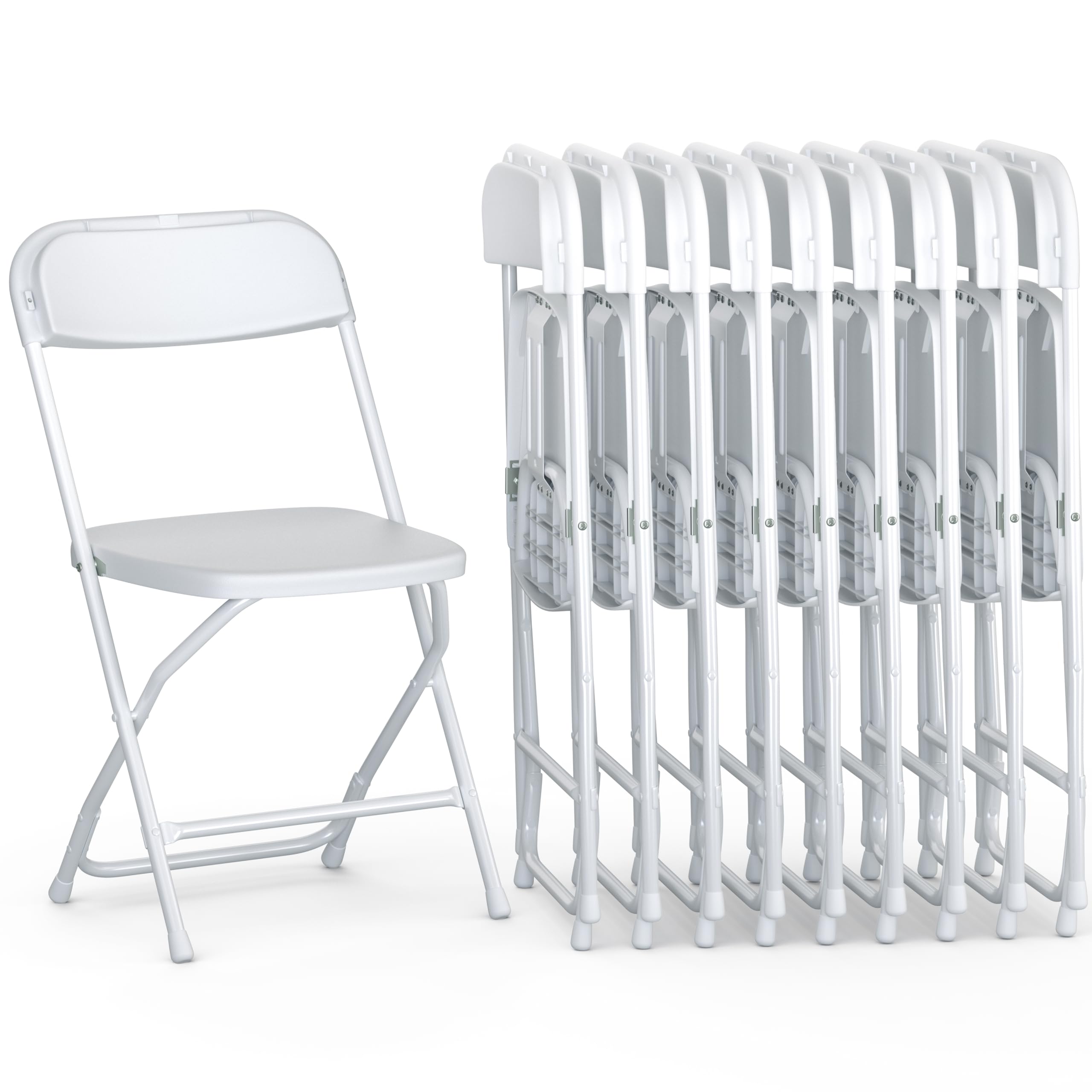 9-Pack White Plastic Folding Chairs - Stackable, 300 lbs Capacity Steel Frame - Indoor/Outdoor Use for Weddings, Parties, Picnics, Dining & Commercial Events