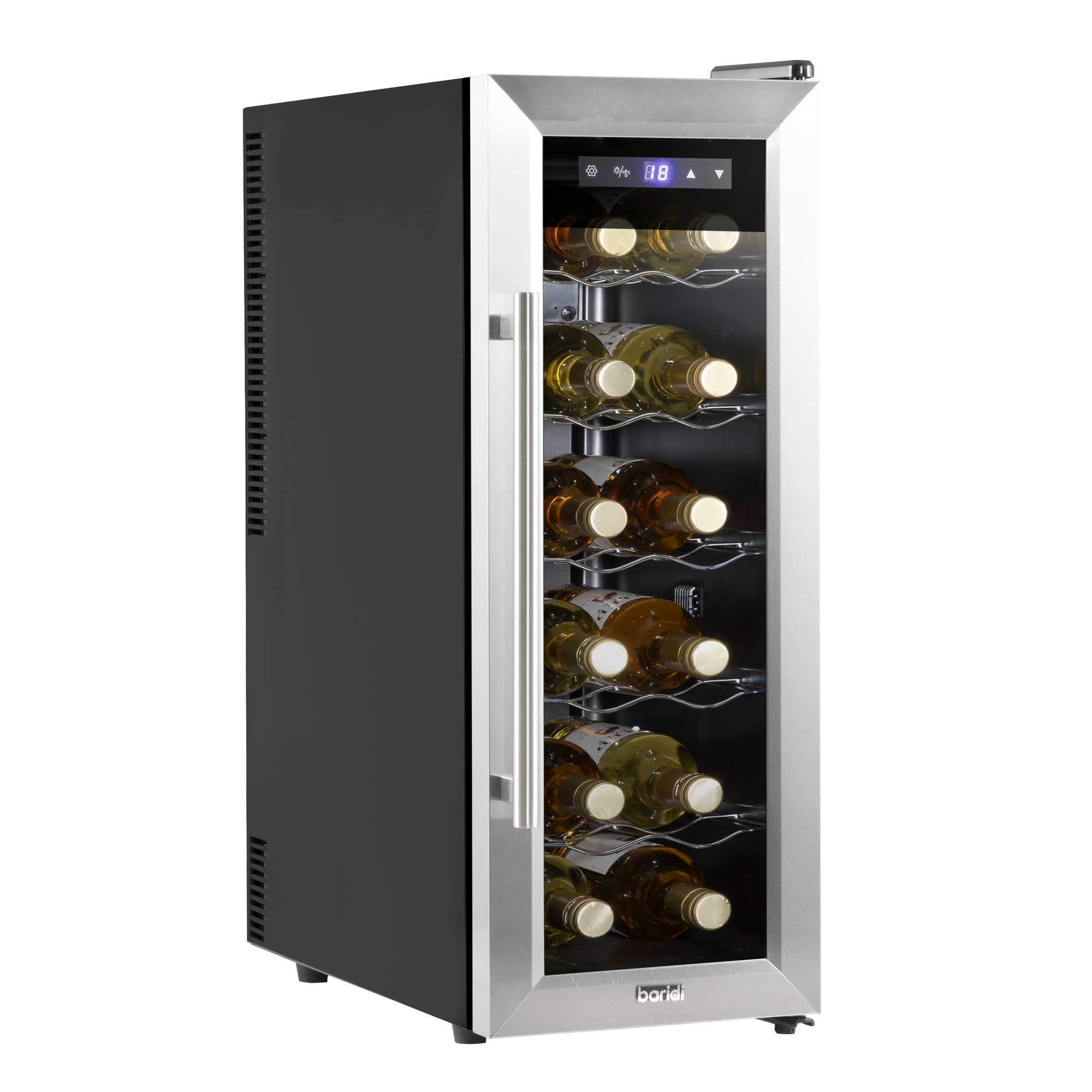 Baridi 12 Bottle Wine Cooler with Digital Touch Screen Controls & LED Light - Stainless Steel Wine Fridge for Home, Office, or Restaurant Use - Perfect for Storing and Chilling Red, White, and Sparkling Wines