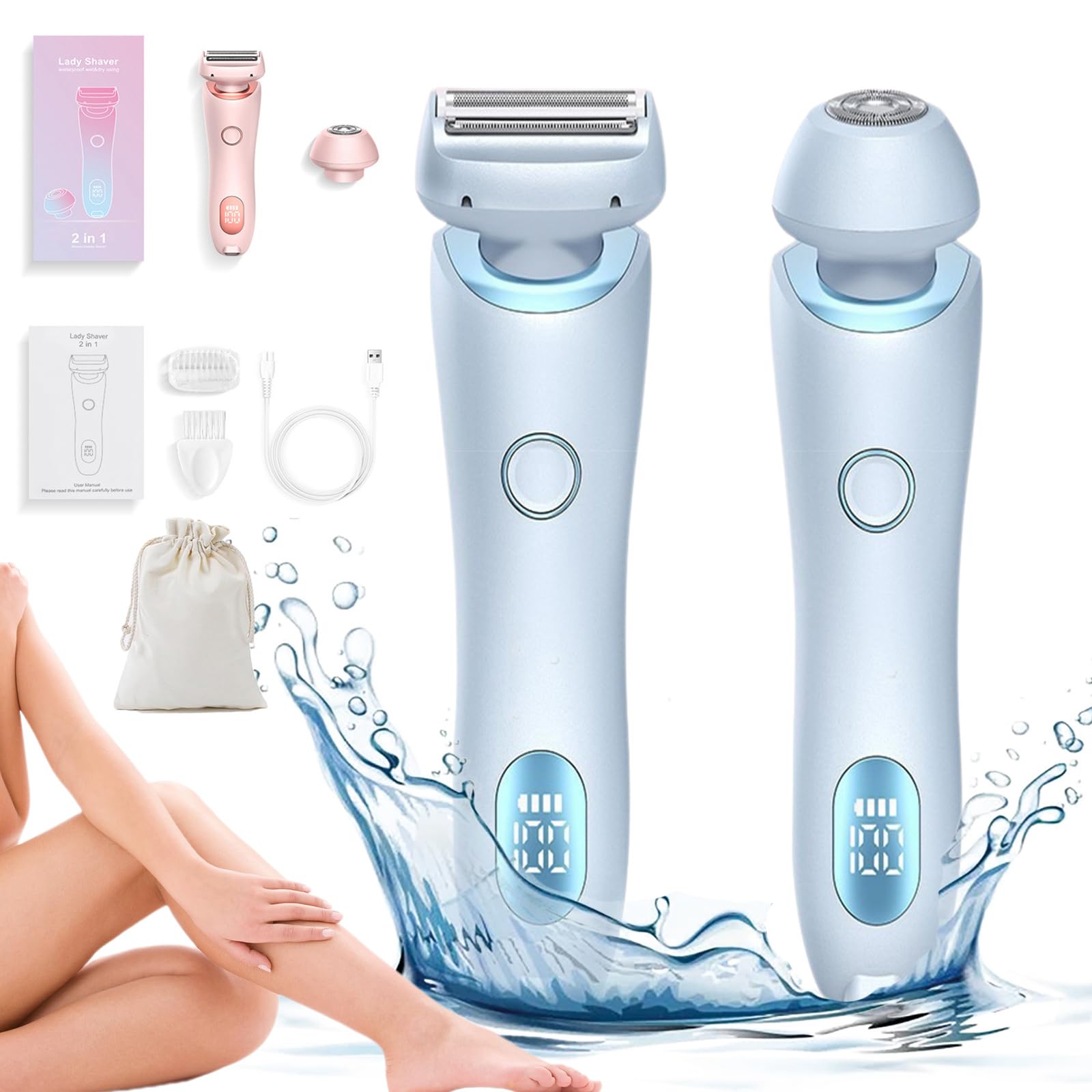 Vantique Glowbabe 2-in-1 Electric Shaver for Women - IPX7 Waterproof Wet & Dry Portable Lady Shaver - Smooth Hair Removal for Legs, Underarms, Bikini Line - Perfect for Travel, Gym & Quick Touch-Ups (Blue)