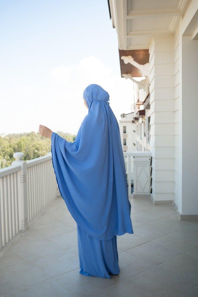 Blue Calinia Prayer Gown Two Piece Set Khimar for Omrah - Islamic Modest Dress for Women, Hajj & Umrah Prayer Outfit - Perfect for Mosque, Religious Ceremonies & Daily Worship