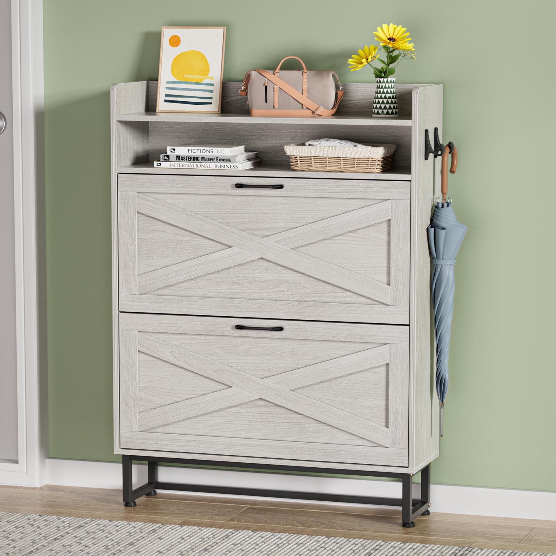 Slim Shoe Storage Cabinet with 2 Flip Drawers - Adjustable Shelves Freestanding Hidden Shoe Organizer for Entryway, Hallway, Closet - Space Saving Grey Cabinet for Shoes, Boots & Sneakers - Perfect for Small Apartments & Home Organization
