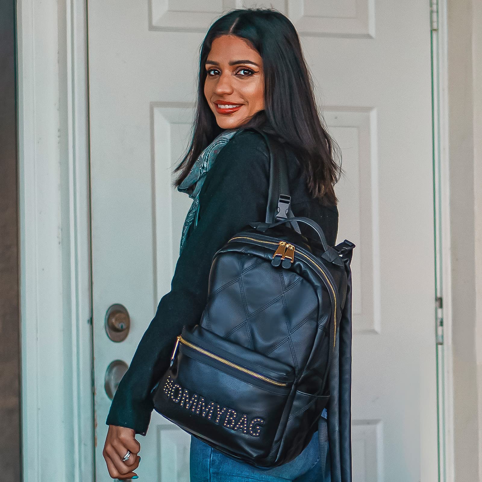 Premium Leather Diaper Backpack for Moms - Large Capacity Baby Bag with Changing Pad, Organizer, Stroller Straps & Insulated Pockets | Perfect for Travel, Daycare & On-the-Go Parenting (Black)