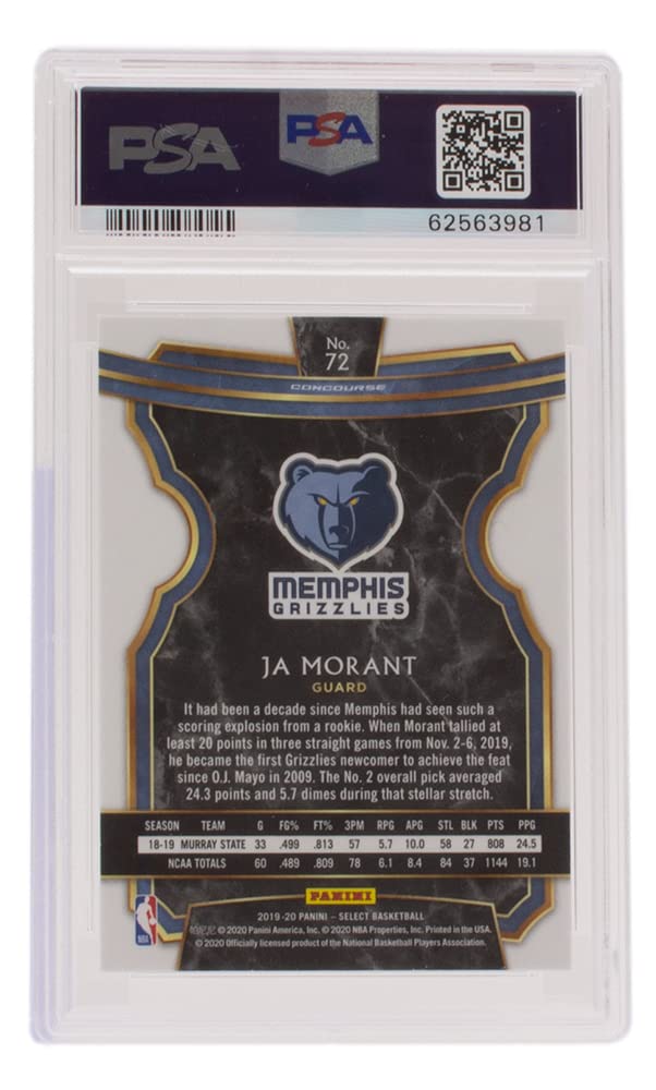 Ja Morant 2019 Panini Select #72 Memphis Grizzlies Rookie Basketball Trading Card - Near Mint to Mint Condition (Grade 8) - Perfect for NBA Collectors, Sports Memorabilia Enthusiasts & Investment