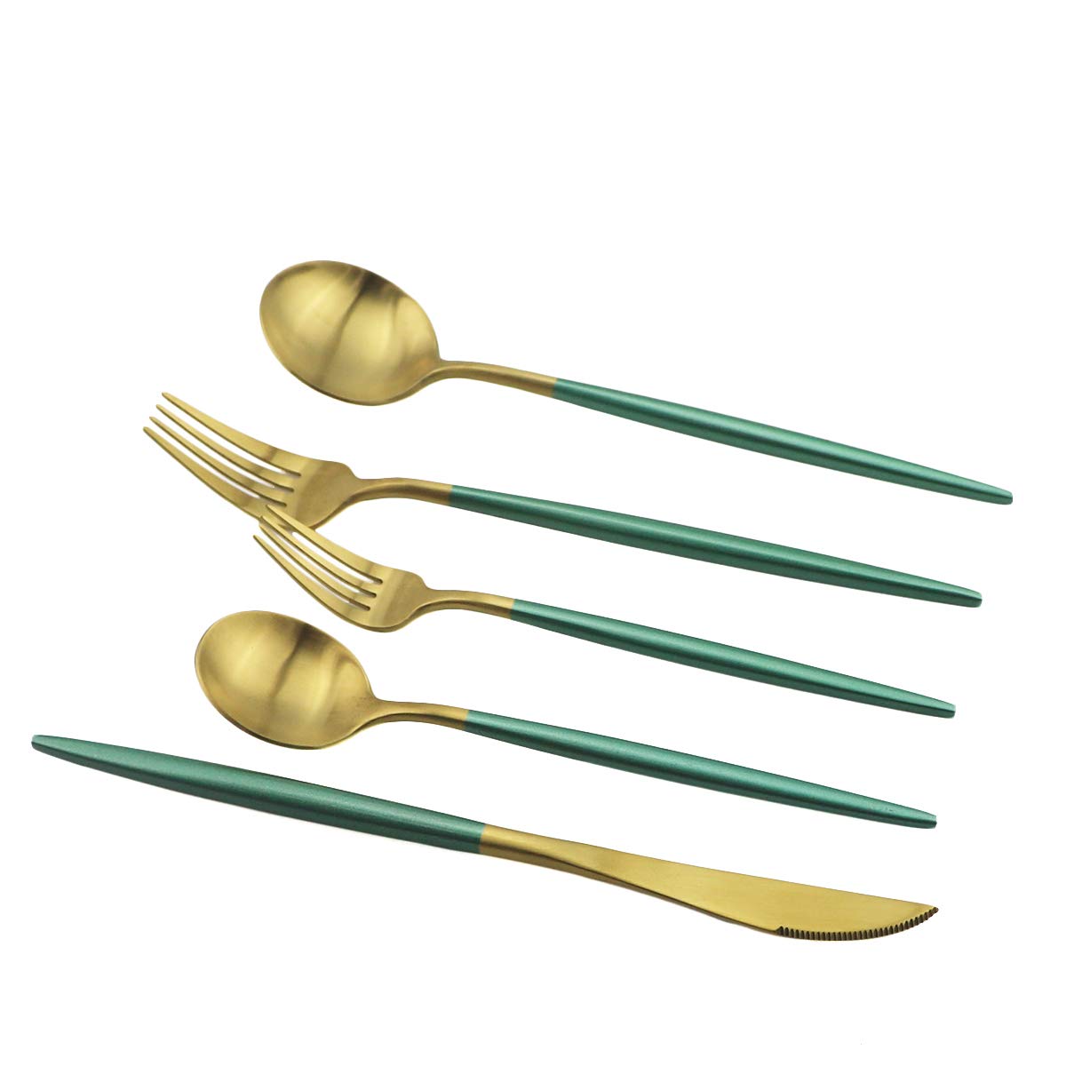 Premium 5-Piece Matte Green & Gold Flatware Set - 18/10 Stainless Steel Heavy Weight Forged Cutlery (Forks, Spoons, Knives) - Elegant Dining Utensils for Everyday Meals & Dinner Parties