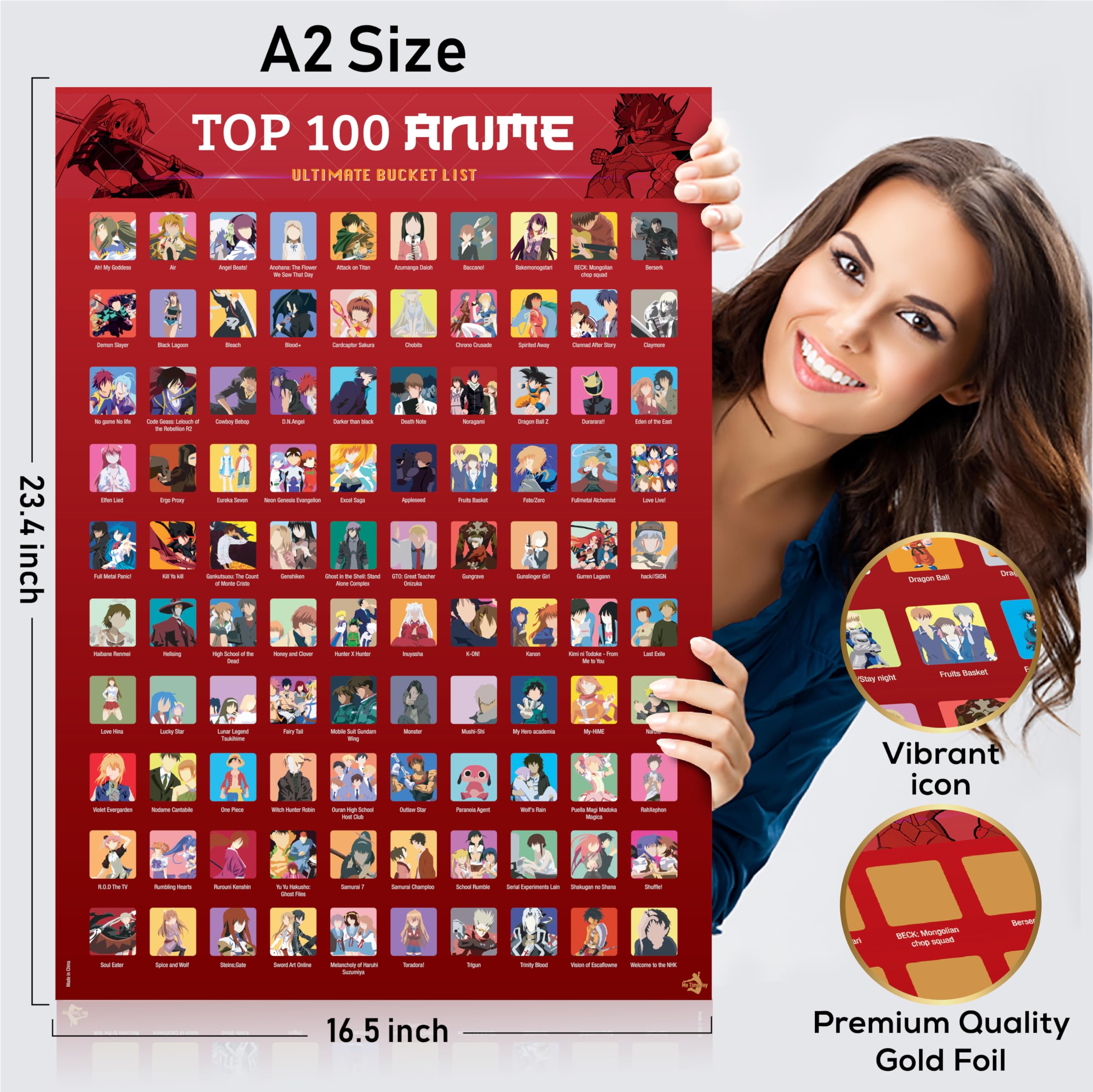 Top 100 Anime Scratch Off Poster - Bucket List Series with Scratching Tool & Free Ebook | Fun Gift for Anime Fans, Room Decor, Stress Relief Activity