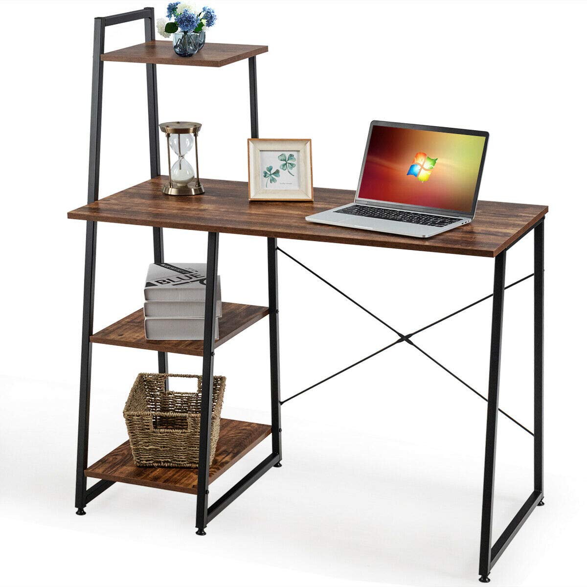 Brown Computer Desk with 4-Tier Storage Shelves - 55 Inch Home Office Desk for Laptop, PC & Study - Sturdy Writing Table with Side Storage for Living Room, Bedroom & Workspace - Ideal for Remote Work, Online Classes & Home Office Setup