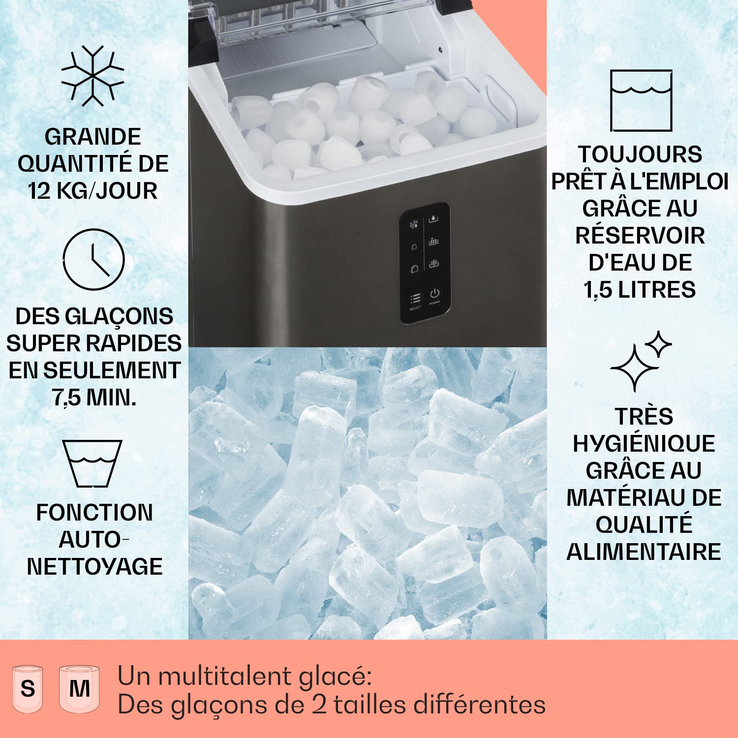 Klarstein Ice Maker Machine for Home, 1.5L Capacity, Makes Up to 12kg of Ice Fast, Produces Small & Large Ball-Shaped Ice Cubes, Self-Cleaning - Perfect for Parties, Cocktails & Everyday Use