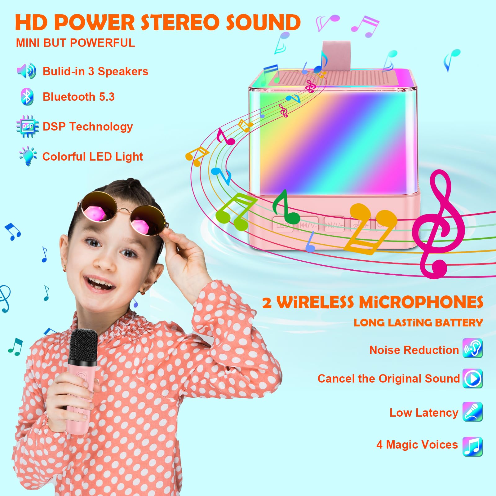 Wireless Karaoke Machine for Kids with 2 Microphones, Bluetooth Speaker & LED Lights - Portable Singing Toy for Girls & Boys, Perfect for Home Parties, Gifts & Family Fun