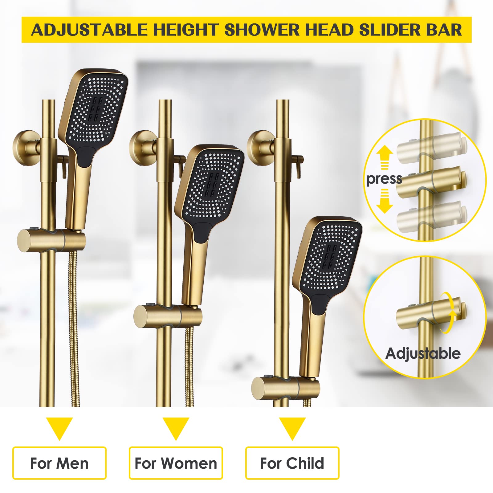 12 x 8 Inches Rain Shower Head with Brushed Gold Exposed Pipe - 3 Function Tub Shower Faucet Set with Handheld Sprayer | Luxury Overhead Shower System for Bathroom Remodel & Spa Experience