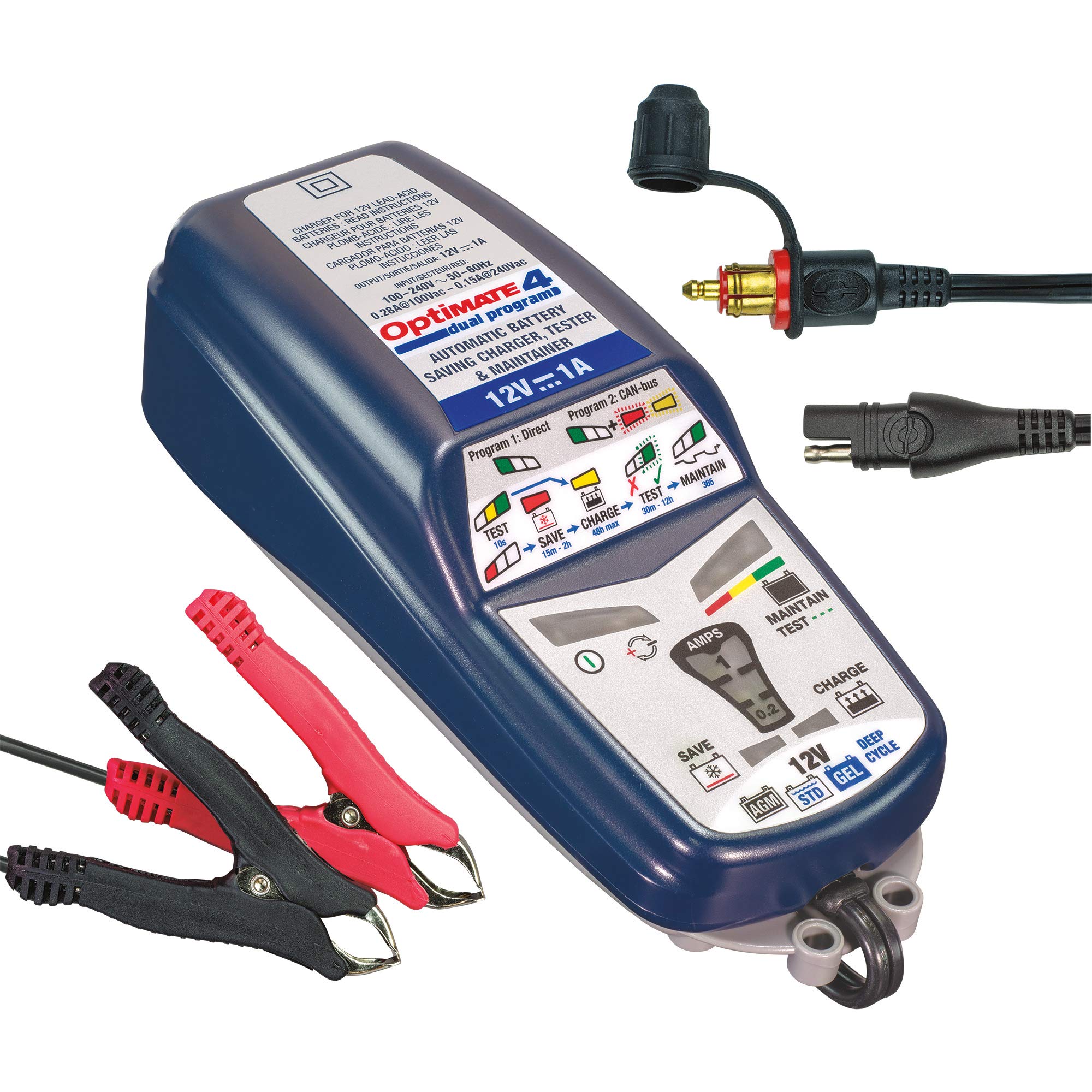 OptiMATE 4 CAN-bus Edition TM-351 12V 1A 8/9-Step Smart Battery Charger Tester Maintainer for Cars, Motorcycles & Powersports - Ideal for Winter Storage & Long-Term Vehicle Maintenance