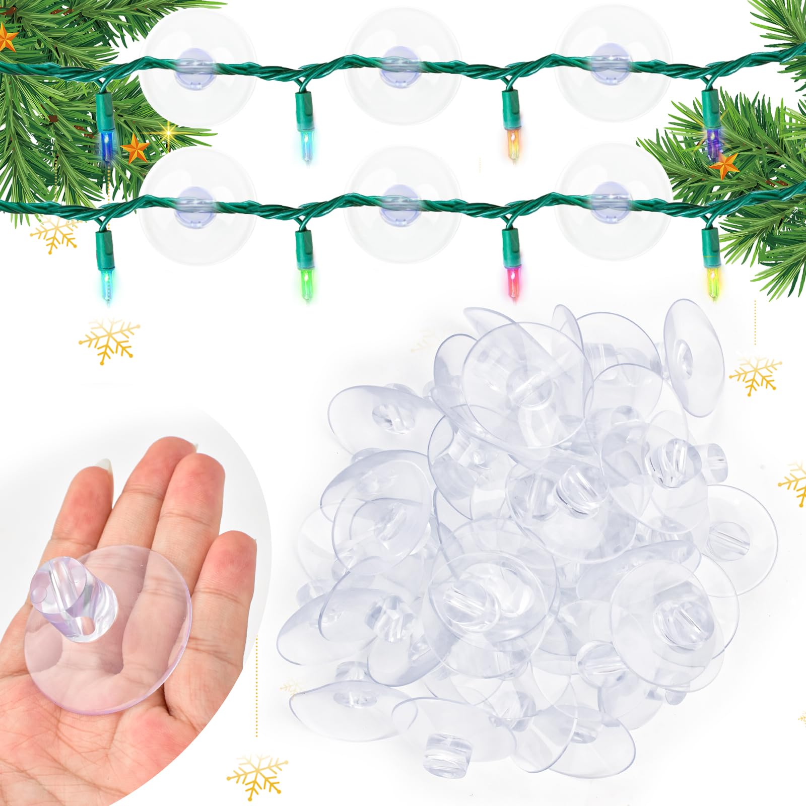 100 Pcs Christmas Light Suction Cups - Heavy Duty Window Glass Hooks for Holiday String Lights & Xmas Decorations - Perfect for Indoor/Outdoor Seasonal Lighting, Home & Party Decoration