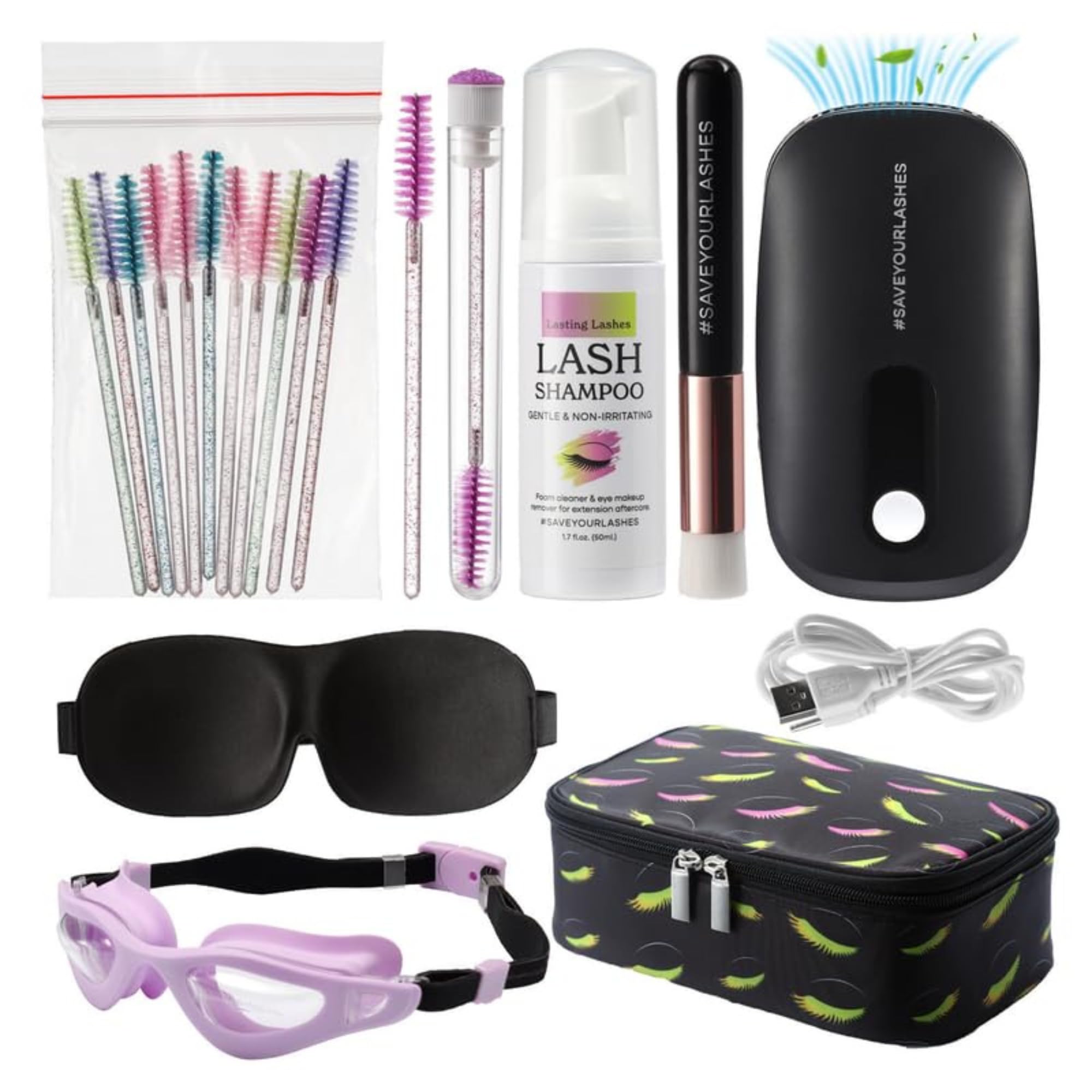 Professional Eyelash Extension Care Kit - Lash Cleanser, Shampoo, Sleeping Mask & Fan for Long-Lasting Extensions | Perfect for Salon Use & At-Home Lash Maintenance