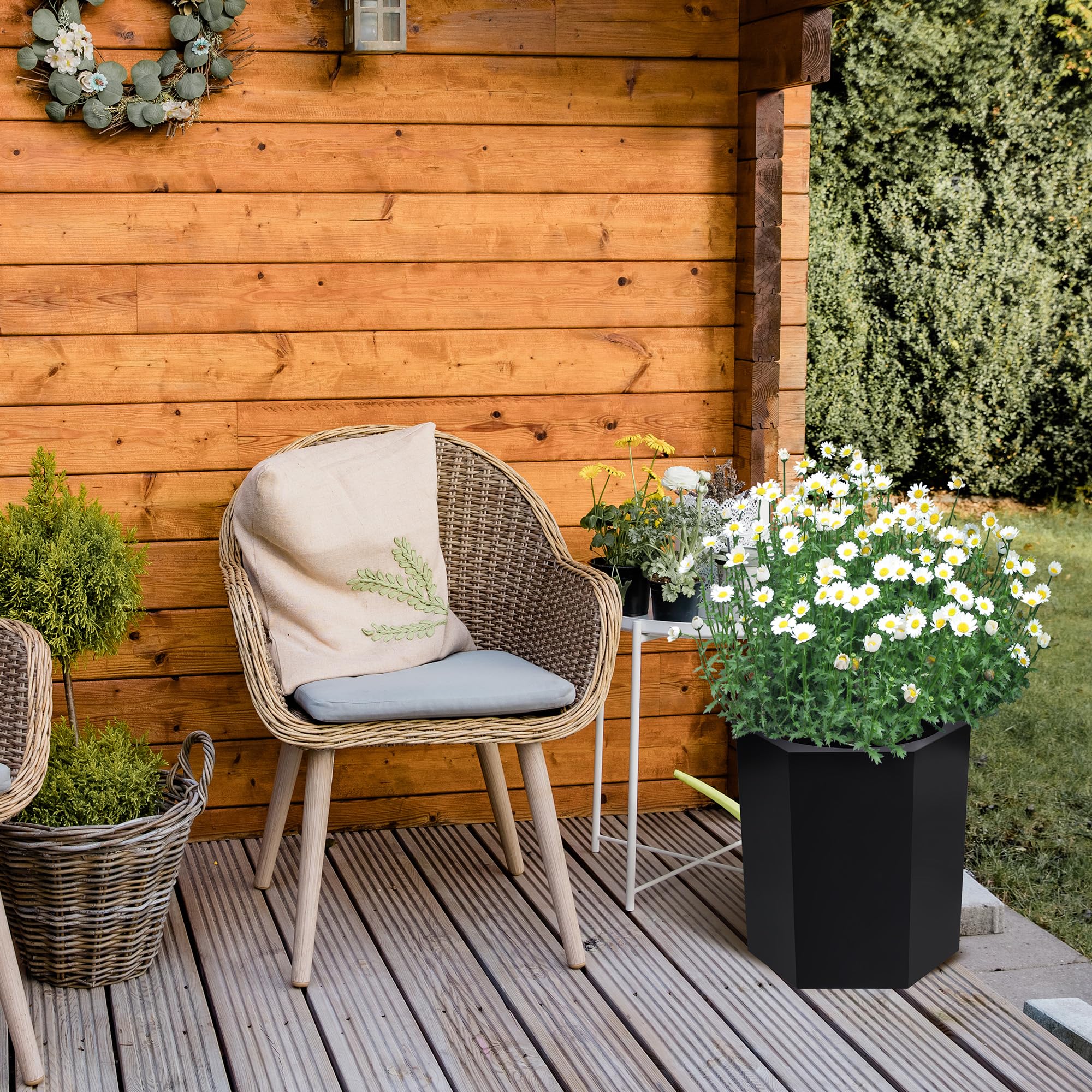 GARVEE 16 Inch Tall Self Watering Planters Set of 2 - Indoor Outdoor Large Flower Pots with Water Level Indicator, Drainage Hole & Wheels - Perfect for Garden, Patio, Balcony, Living Room, Office Decor (Black)