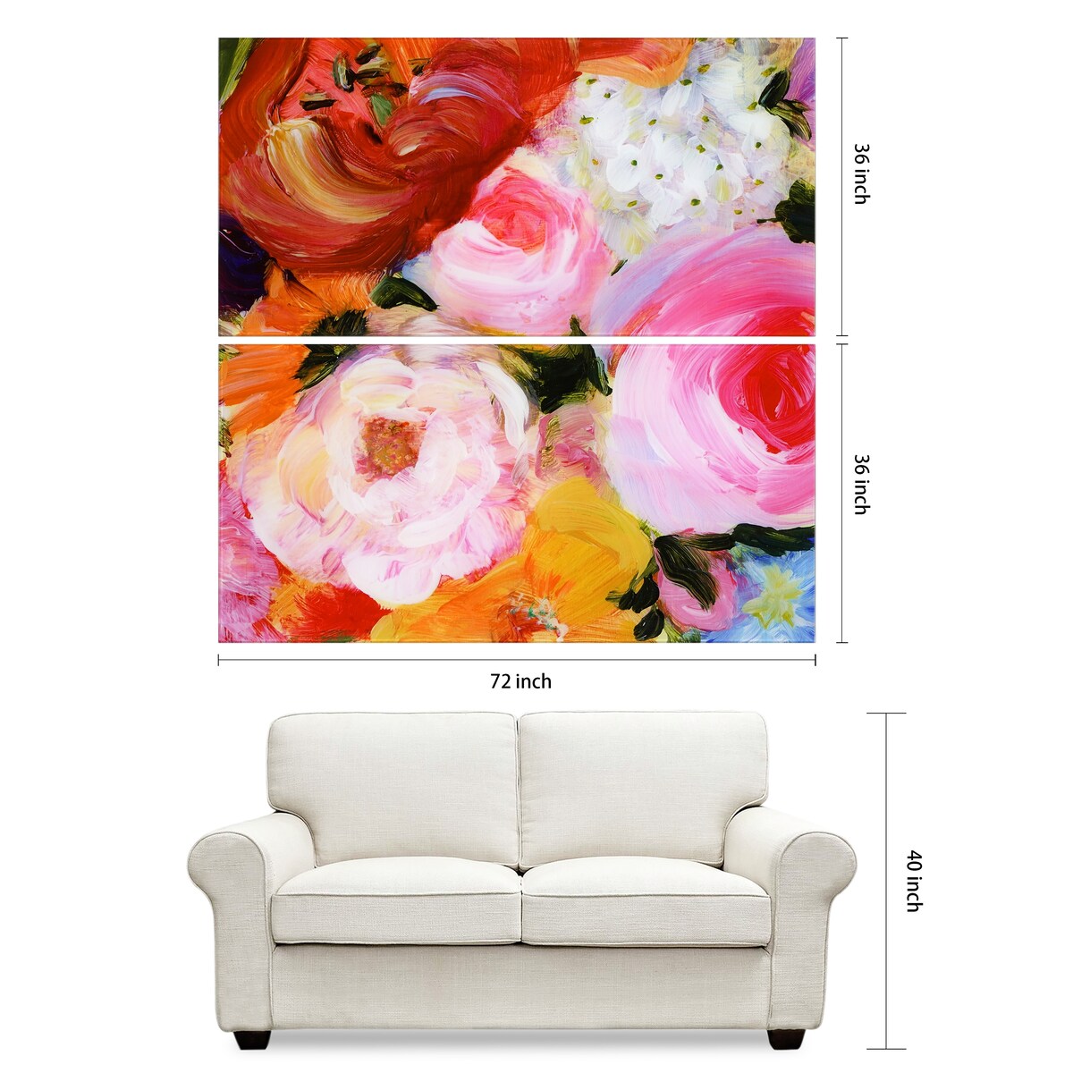 Blossoms in Rouge & Blush Oversized 72x36 Frameless Floating Reverse Printed Tempered Glass Art Panels Set - Perfect for Living Room, Bedroom & Office Wall Decor