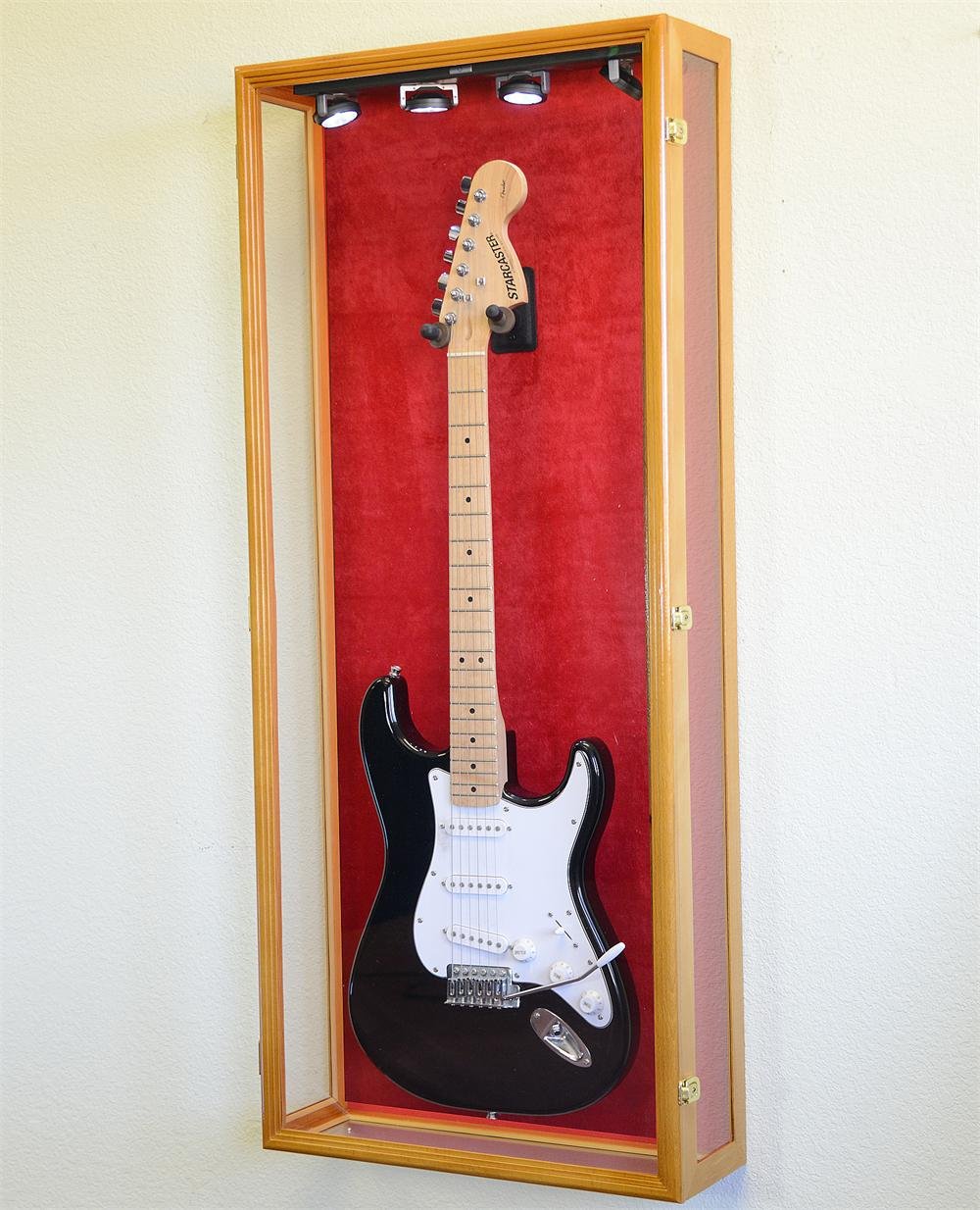 Premium Clear Acoustic Electric Guitar Display Case with Oak Finish & Red Background - Perfect for Fender Guitar Storage, Showcase & Home Decor
