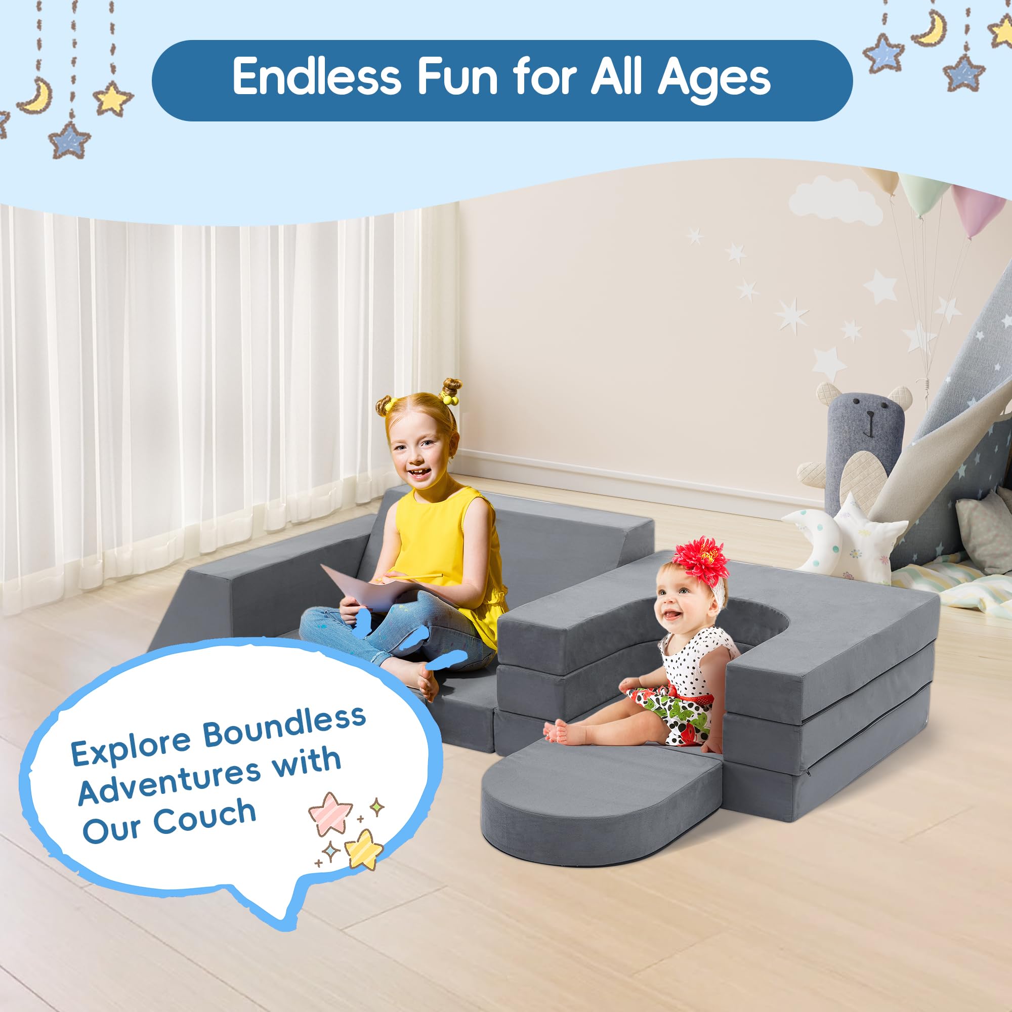 Kids and Toddler Play Couch - 66 Inch Extra Large Convertible Folding Sofa with Durable Foam Modular Design for Playroom, Nursery & Indoor Playtime (Grey, 8-Piece Set) - Perfect for Imaginative Play, Reading Nook, and Cozy Lounging