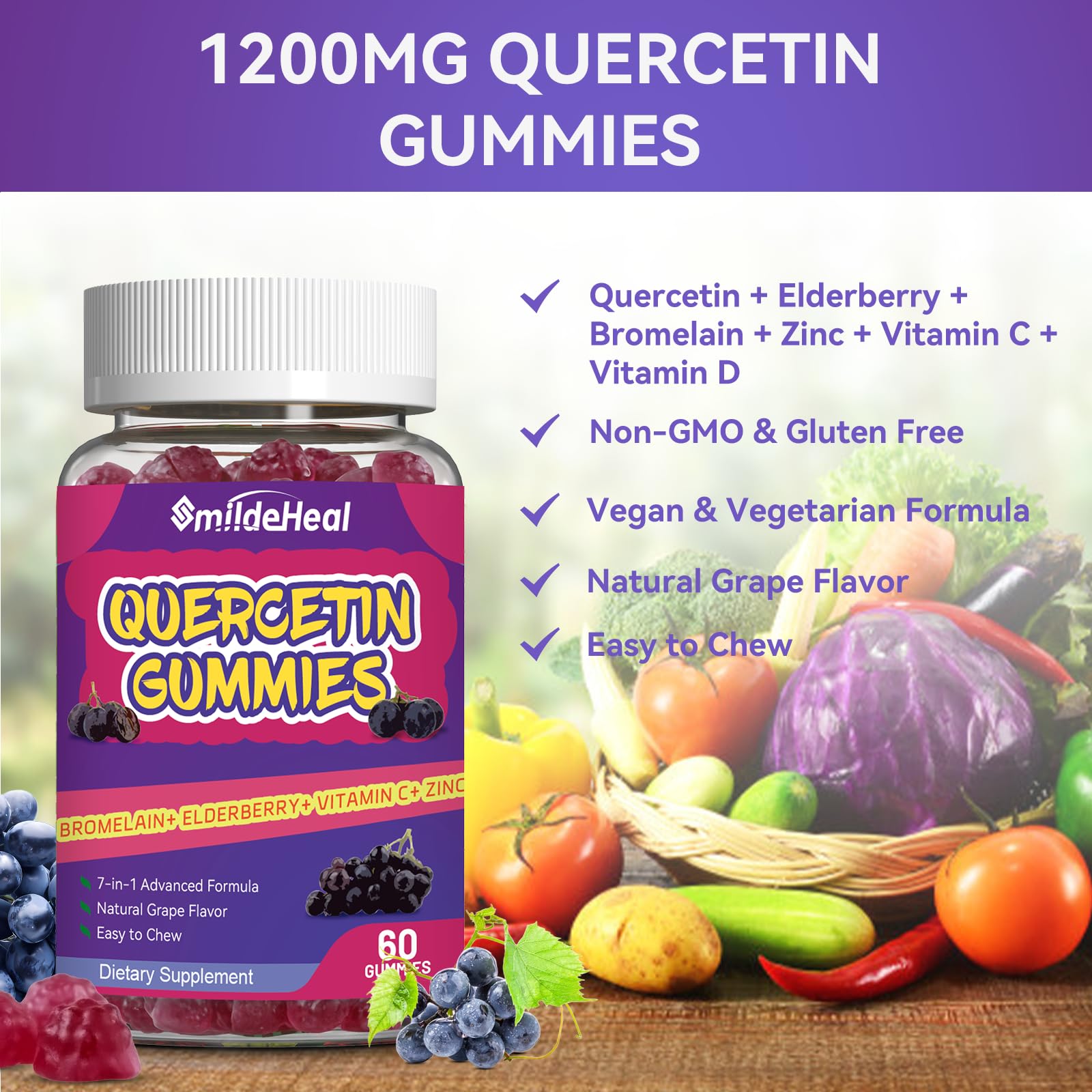 Quercetin Gummies 1200mg with Bromelain, Zinc & Vitamin C - Immune Support Supplement for Adults & Kids - 60 Vegan Gummies for Daily Wellness & Allergy Relief