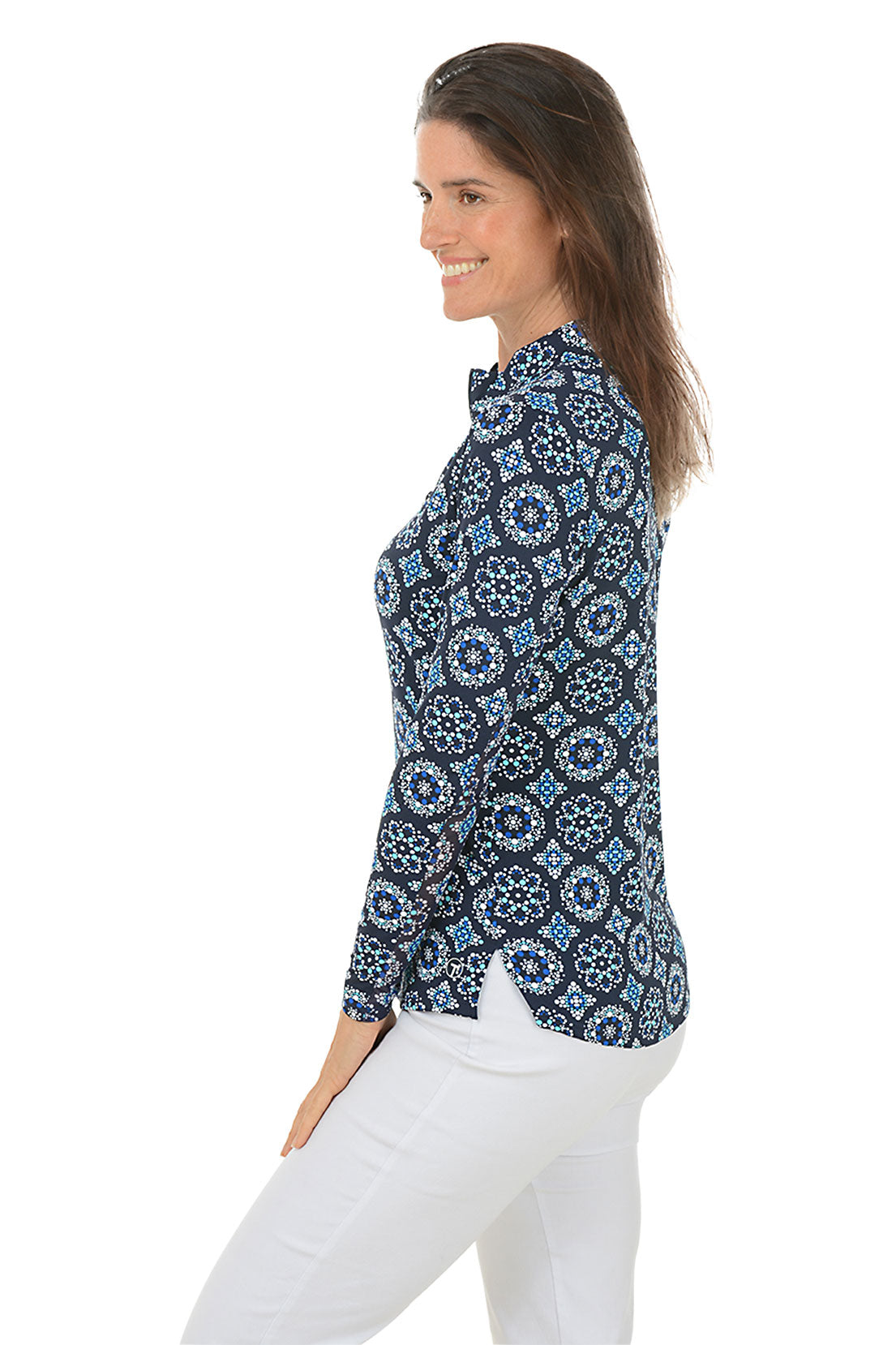 Riviera Medallion UPF50+ Sun Protection Mock Neck Top for Women - Perfect for Beach, Pool & Outdoor Activities