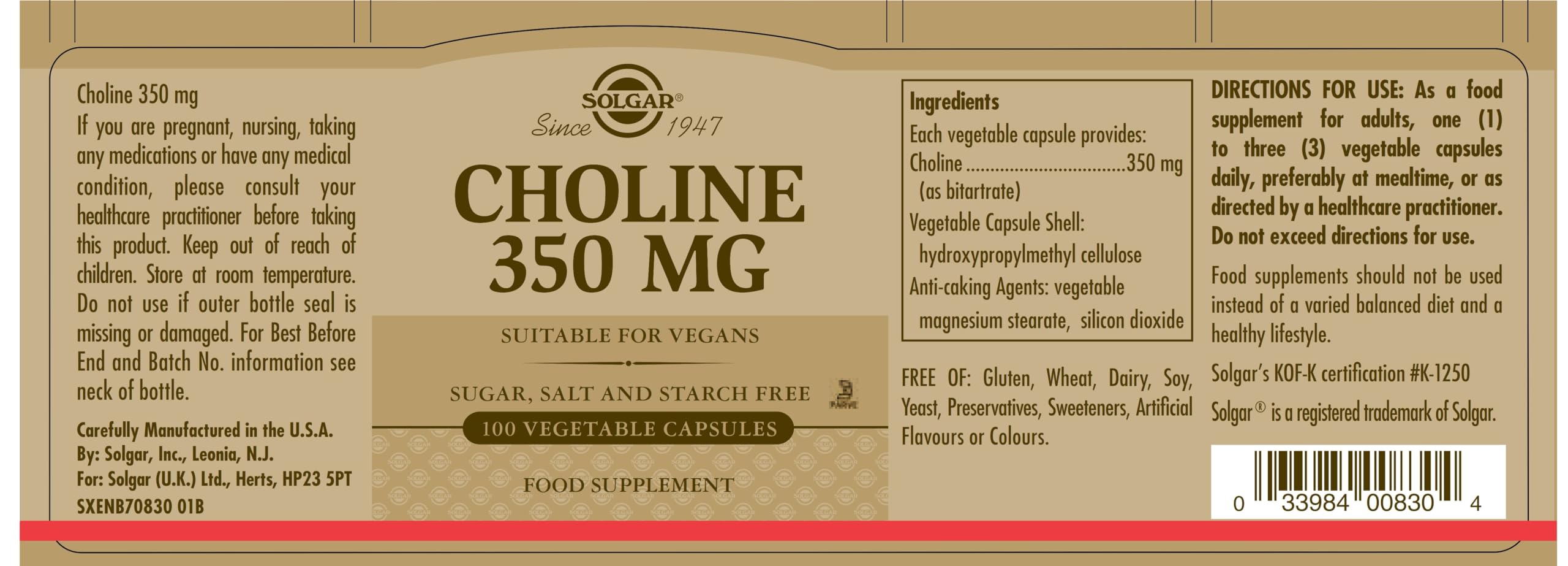 Solgar Choline 350 mg, 100 Vegetable Capsules - Brain & Cellular Support Supplement - Vegan, Gluten Free, Dairy Free, Kosher - 100 Servings - Enhance Memory & Focus for Work & Study