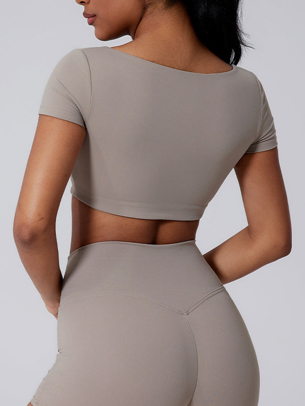 ZASUWA Women's Sexy Solid Color U-Neck Quick Dry Short Sleeve T-Shirt - Perfect for Summer, Gym, and Casual Wear