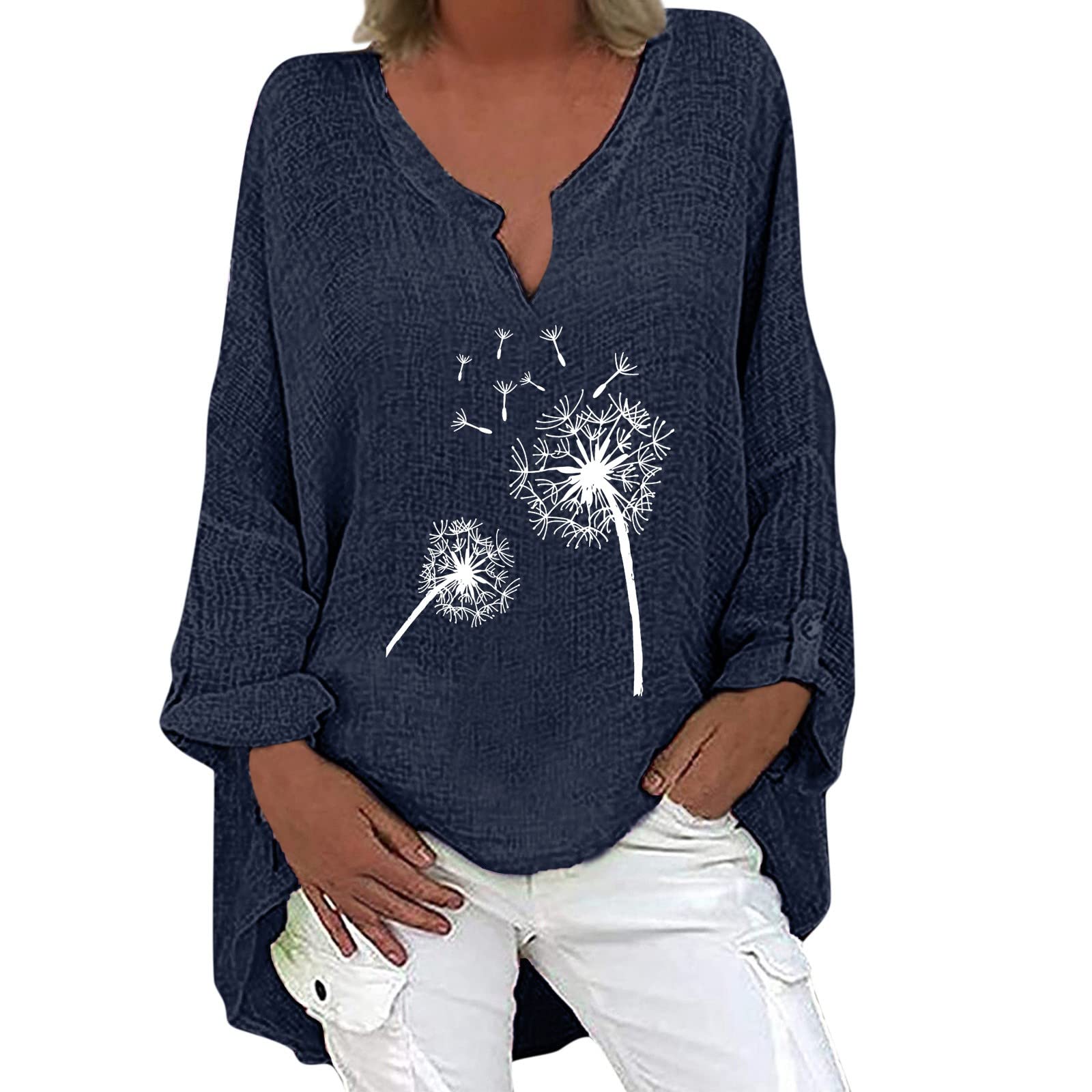Elegant White Women's Long Sleeve V-Neck Dandelion Printed T-Shirt with Irregular Hem - Casual Flowy Blouse for Spring & Summer Outfits, Date Night, Office Wear