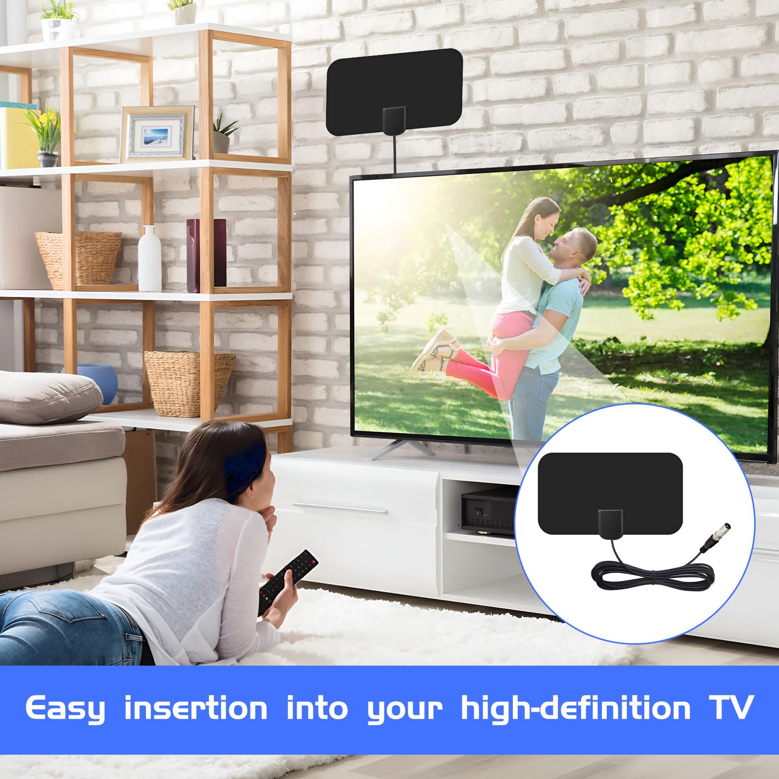 1 PCS Indoor TV Aerial Booster - 50 Miles Digital 4K HD Signal Antenna with 14 FT Cable for Freeview Local Channels | Stable Image for Smart TVs, Home Theater & RV Use