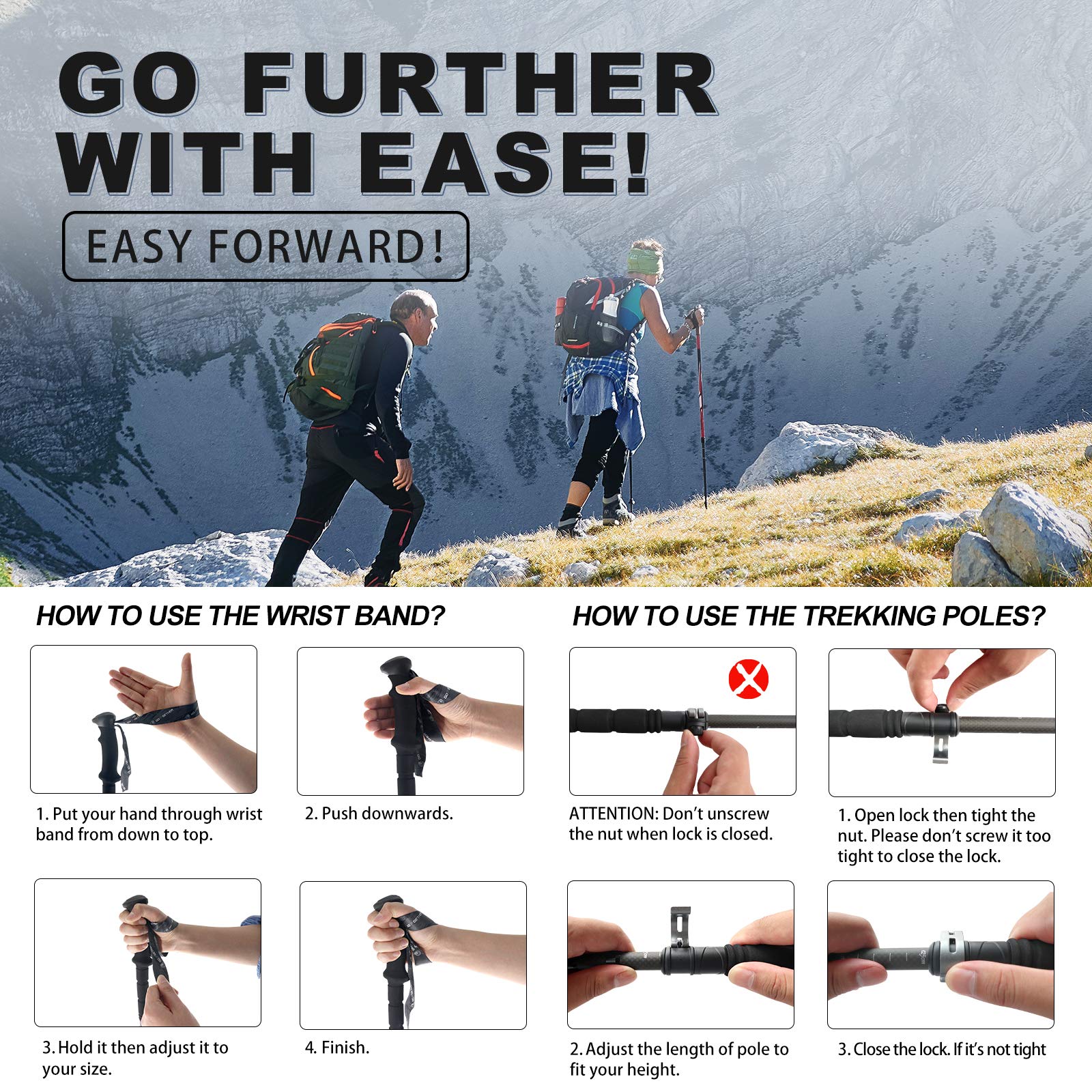 Adjustable Aluminum Trekking Poles for Hiking & Walking - Lightweight Quick-Lock Hiking Sticks with Ergonomic Handle, Padded Strap & Snow Baskets - Perfect for Mountain Trails, Backpacking & Snowy Terrain